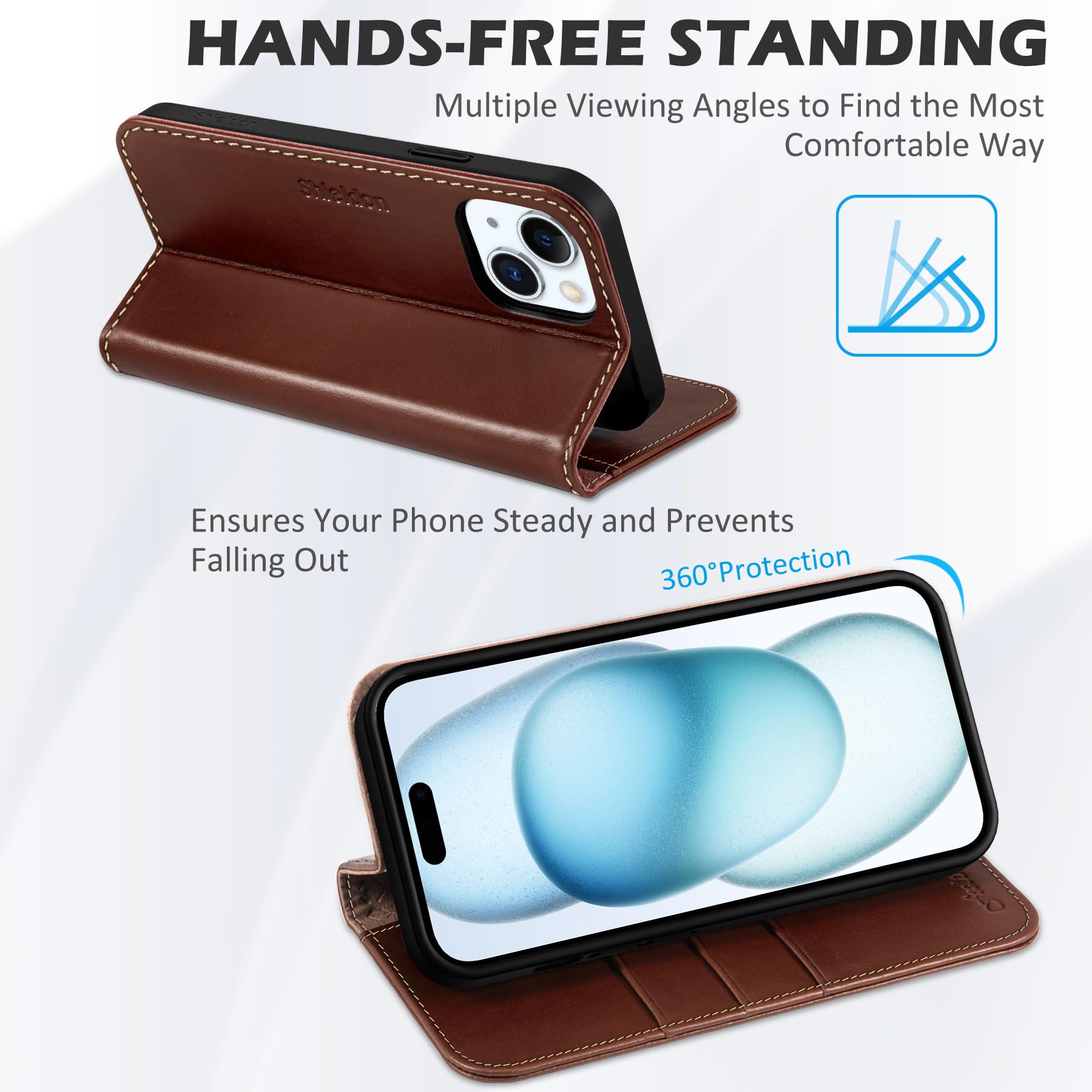 Foto 5 pulgar | Funda Shieldon Para Iphone 15 5g 2023, Piel Auténtica, Retro, Color Café - Venta Internacional.