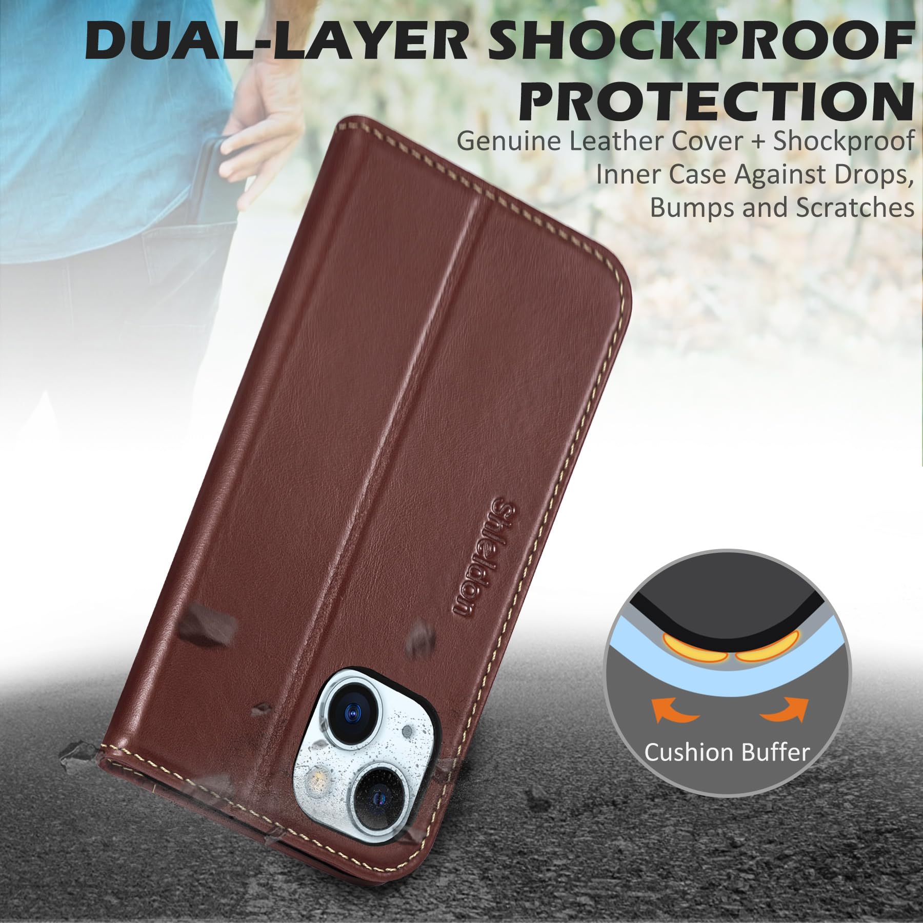 Foto 6 pulgar | Funda Shieldon Para Iphone 15 5g 2023, Piel Auténtica, Retro, Color Café - Venta Internacional.