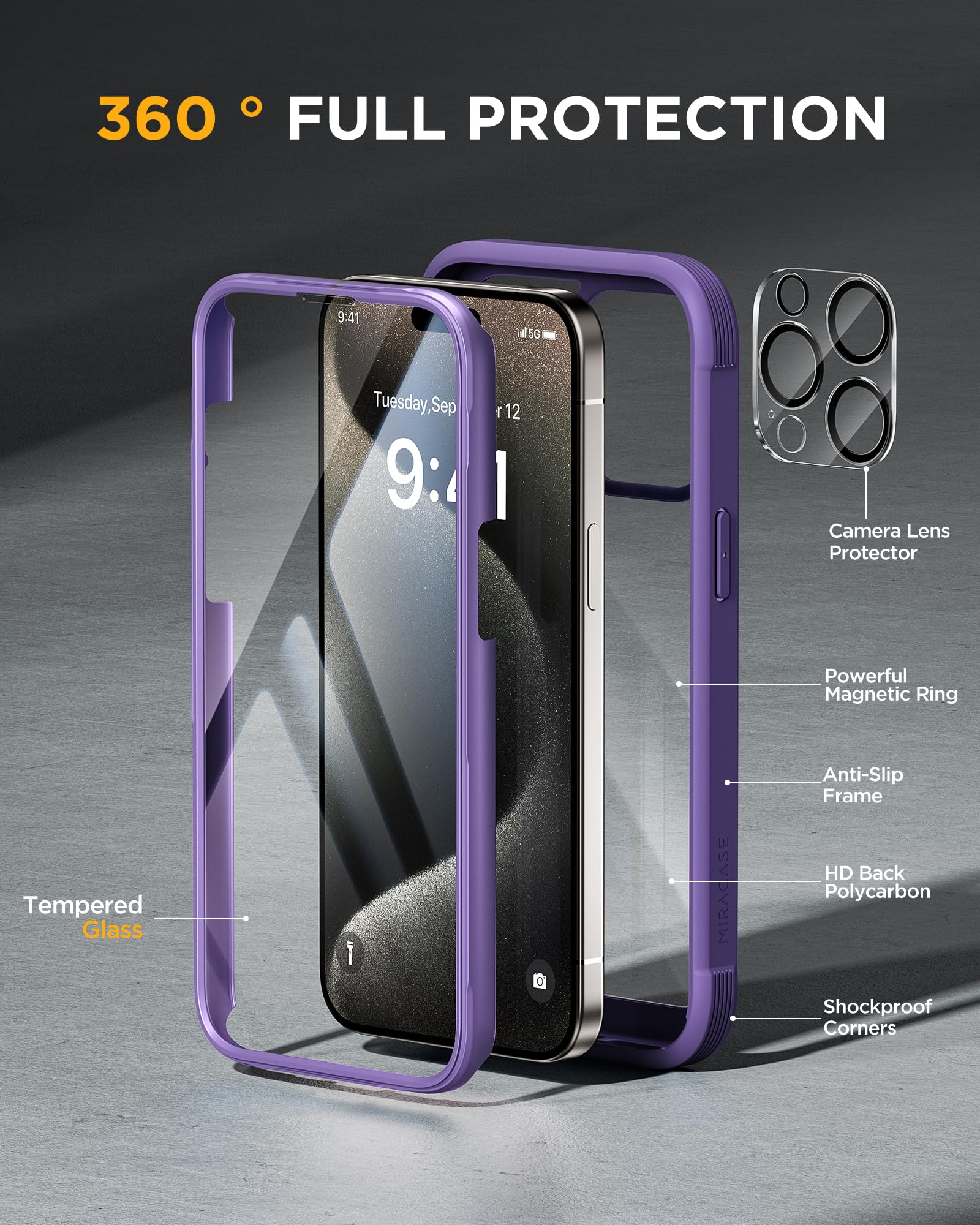 Foto 3 pulgar | Funda Miracase Para Iphone 15 Pro Con Pantalla De Cristal, Color Morado - Venta Internacional.