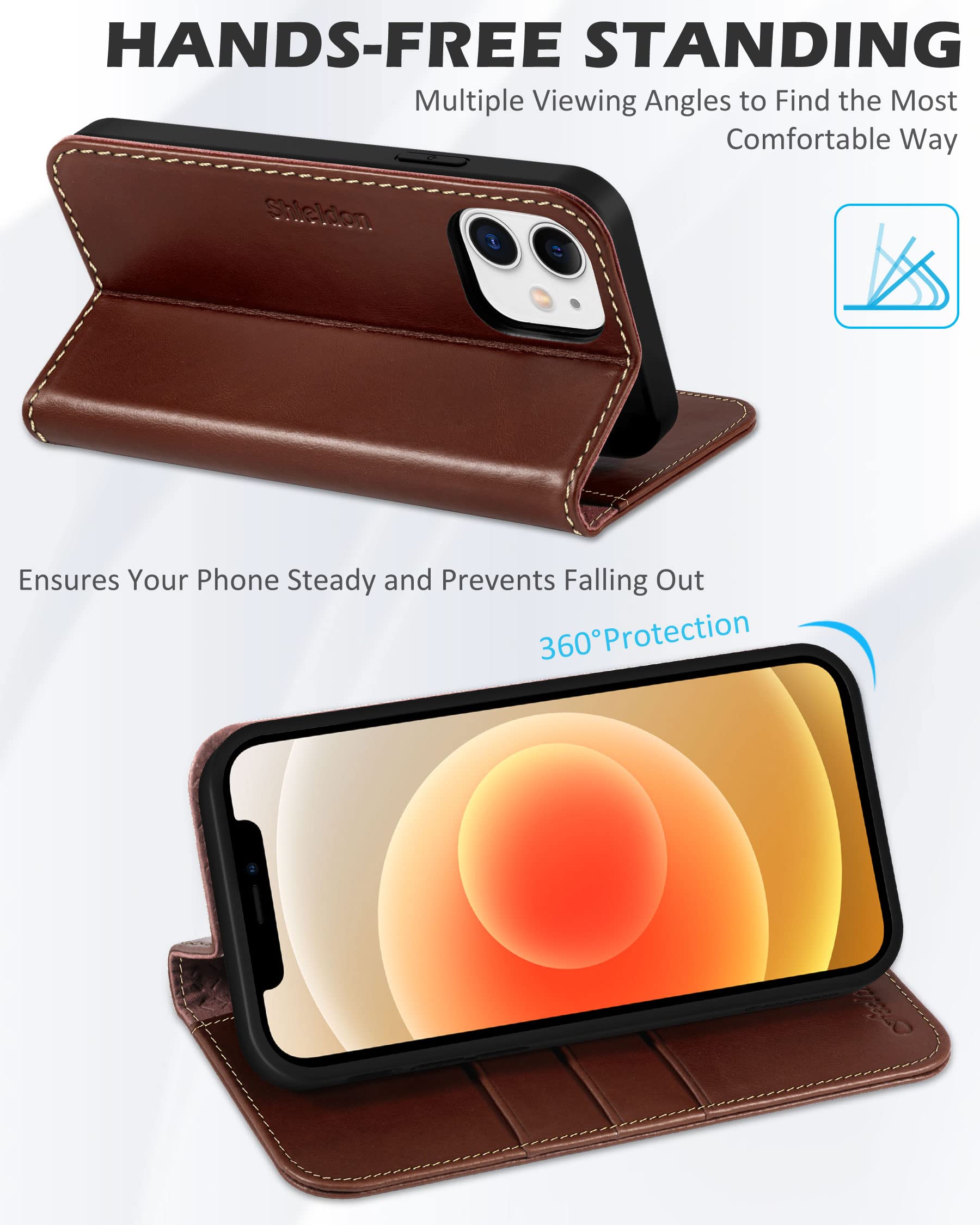 Foto 6 pulgar | Funda Shieldon Para Iphone 12 6.1 De Piel Auténtica Tipo Cartera, Color Café - Venta Internacional.