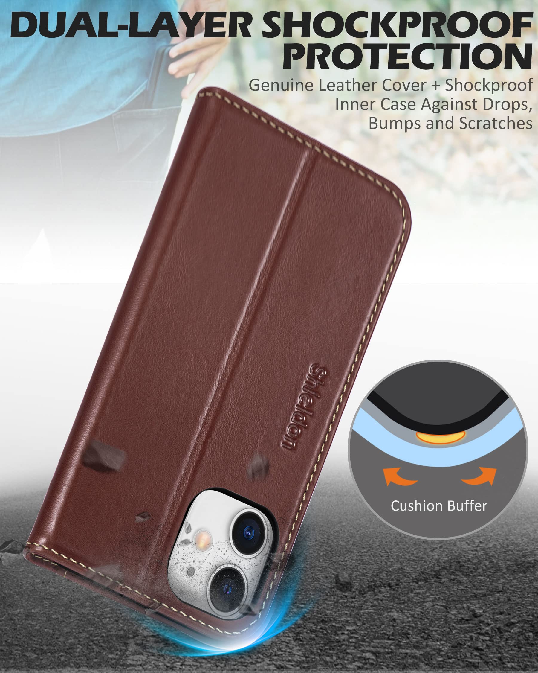 Foto 7 pulgar | Funda Shieldon Para Iphone 12 6.1 De Piel Auténtica Tipo Cartera, Color Café - Venta Internacional.