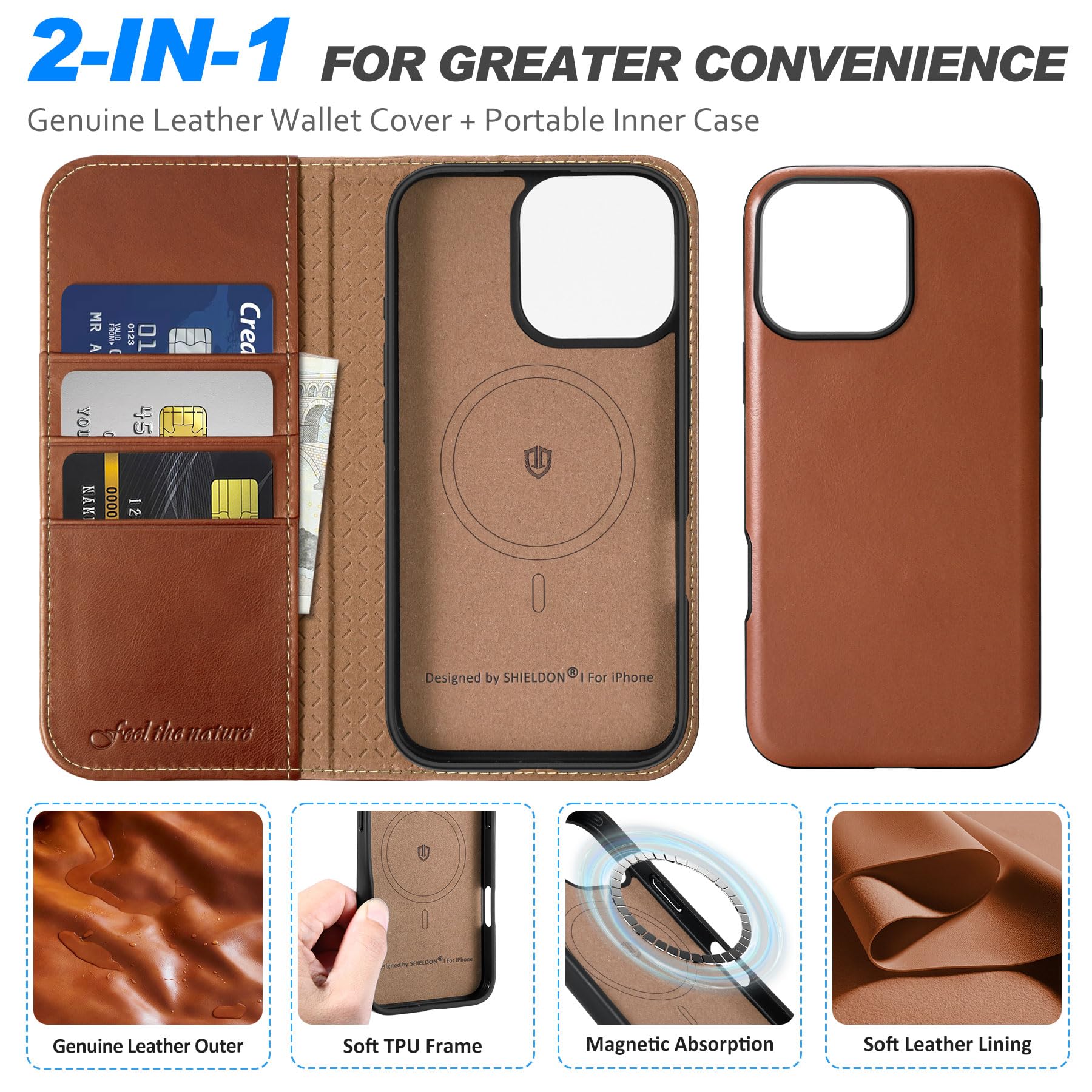 Foto 7 pulgar | Funda Shieldon Para Iphone 16 Pro 2024 De Piel Auténtica, Color Marrón - Venta Internacional.