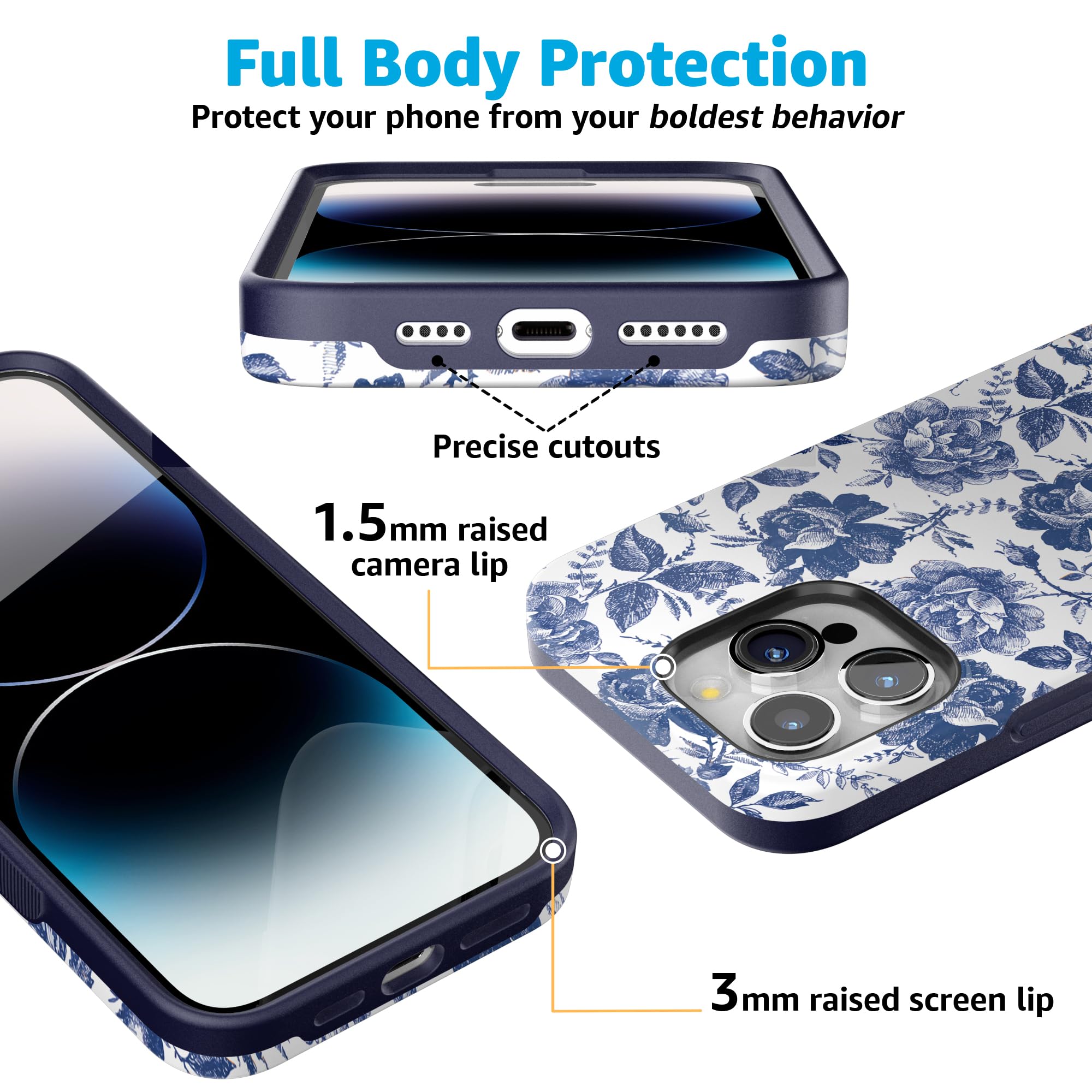 Foto 3 | Funda Para Teléfono Casely Rose To Fame Con Estampado Floral Azul Y Blanco Para Iphone 15 Pro - Venta Internacional.