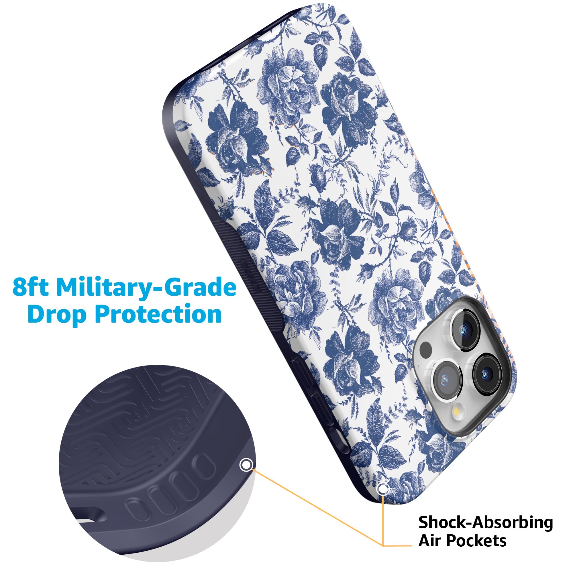 Foto 6 pulgar | Funda Para Teléfono Casely Rose To Fame Con Estampado Floral Azul Y Blanco Para Iphone 15 Pro - Venta Internacional.