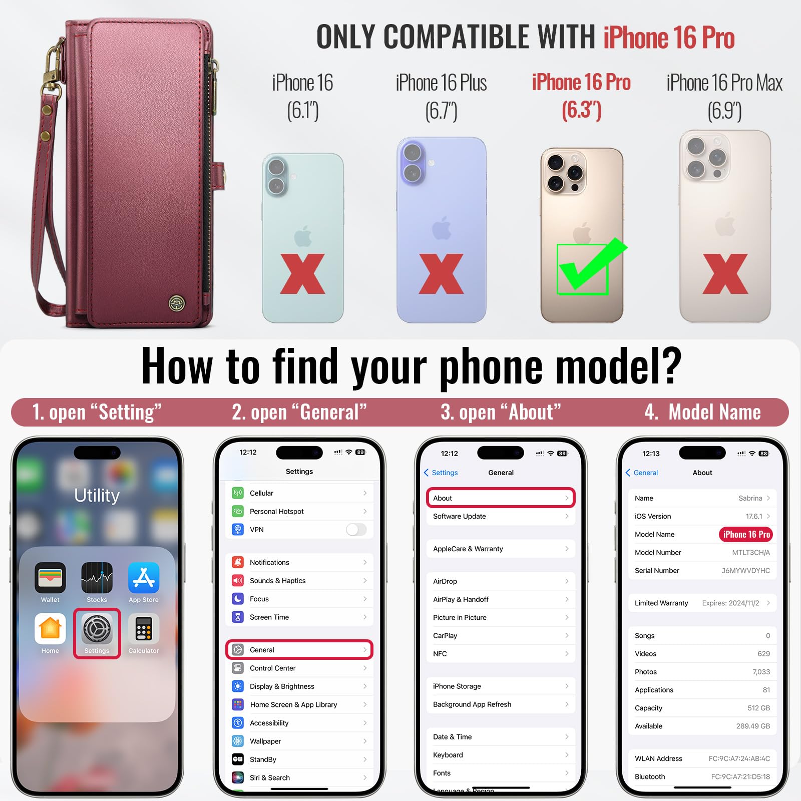 Foto 3 pulgar | Funda Wallet Defense Compatible Con Iphone 16 Pro, Color Rojo Vino - Venta Internacional.
