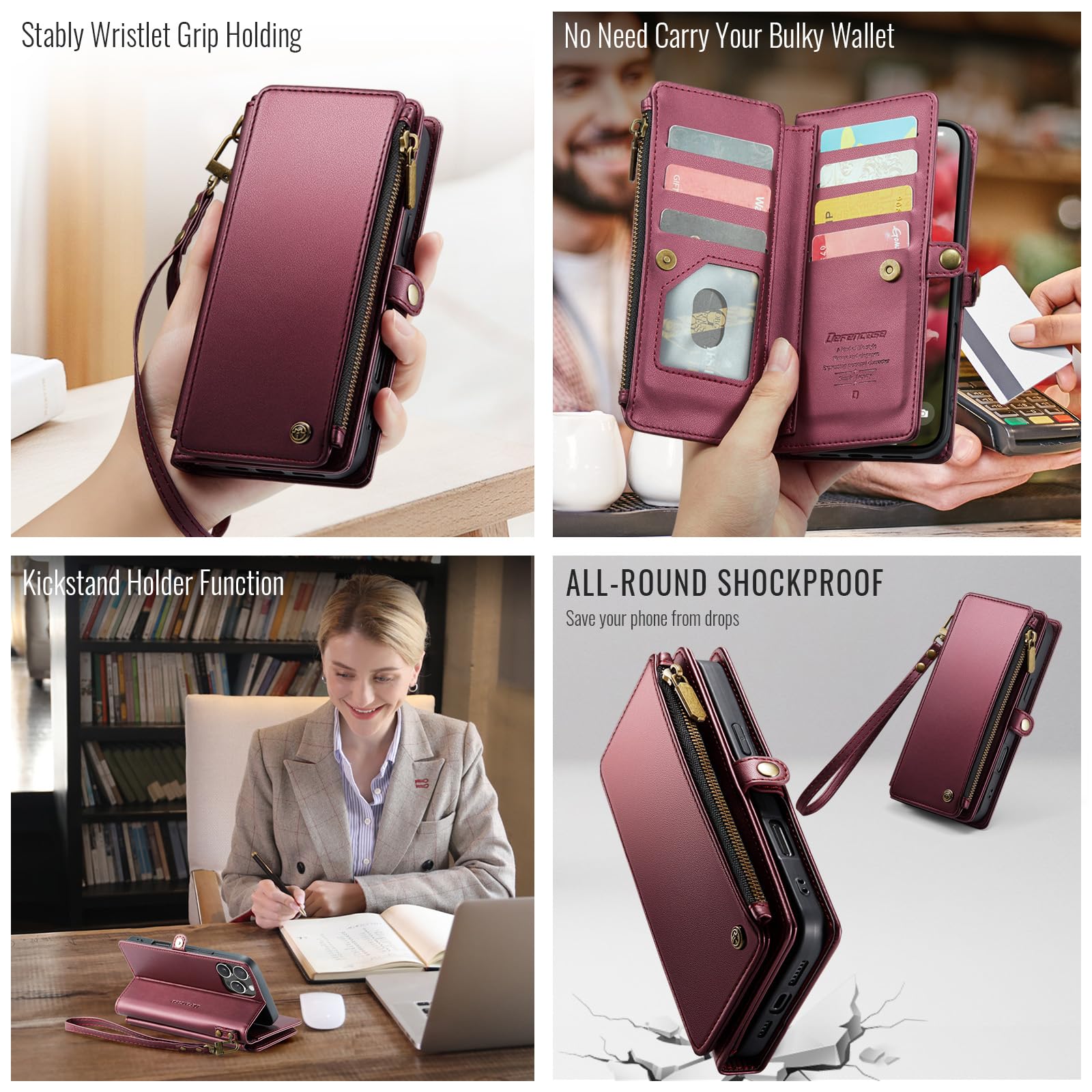 Foto 5 pulgar | Funda Wallet Defense Compatible Con Iphone 16 Pro, Color Rojo Vino - Venta Internacional.