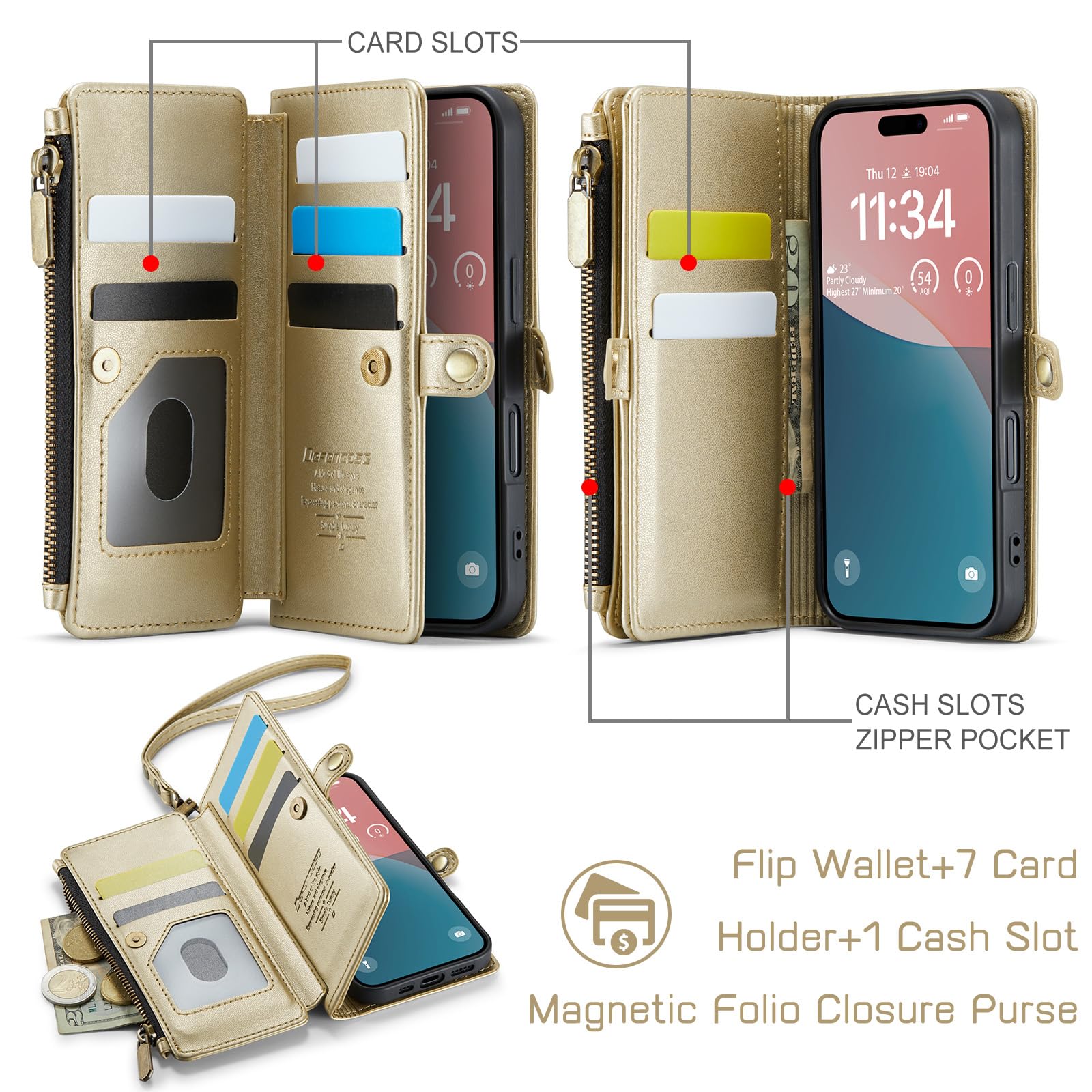 Foto 3 | Funda De Teléfono Wallet Defcase Compatible Con Iphone 16, Color Dorado - Venta Internacional.