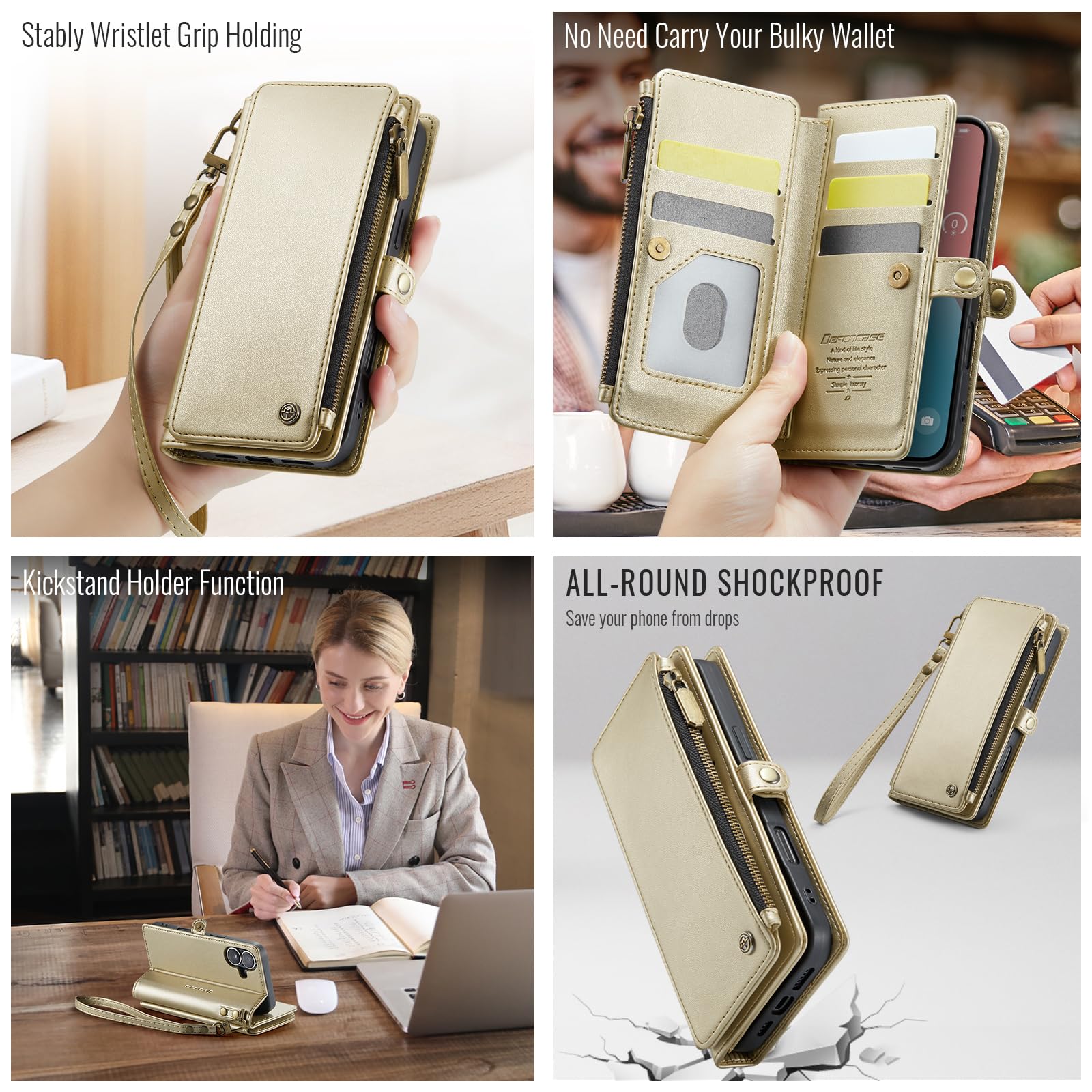 Foto 5 pulgar | Funda De Teléfono Wallet Defcase Compatible Con Iphone 16, Color Dorado - Venta Internacional.
