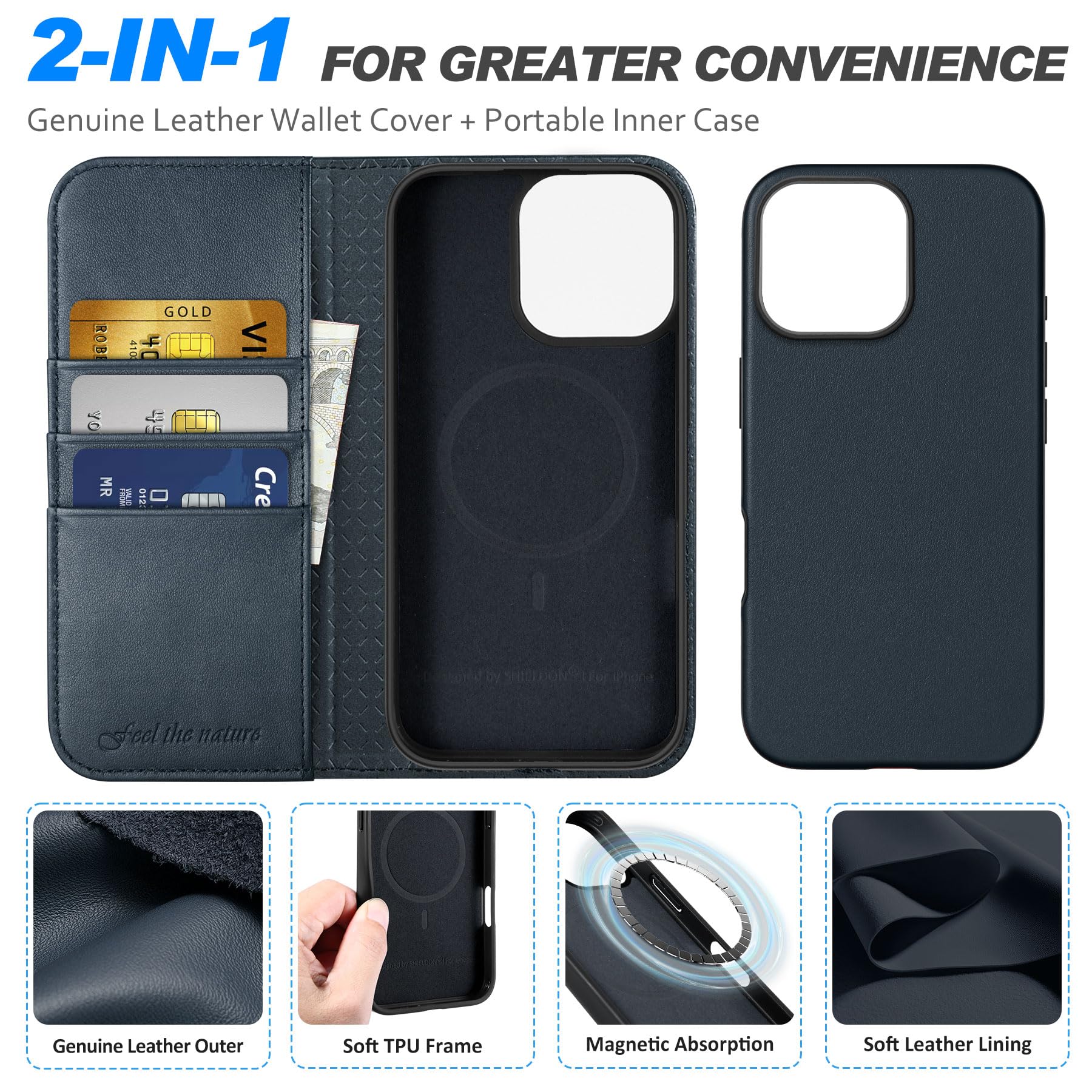Foto 7 pulgar | Funda Tipo Cartera Shieldon Para Iphone 16 Pro 6.3 De Piel Auténtica - Venta Internacional.