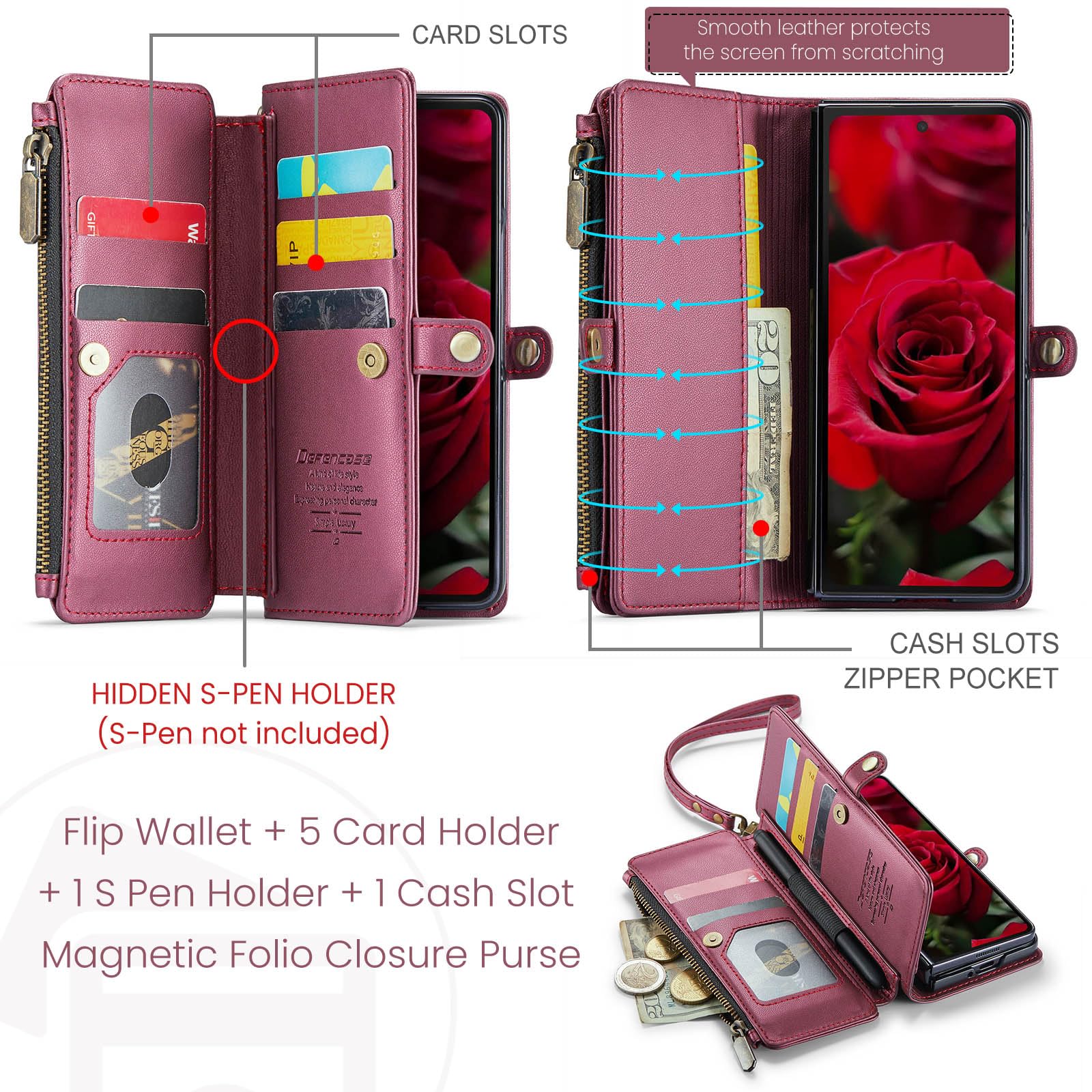 Foto 2 | Funda Tipo Cartera Para Samsung Galaxy Z Fold 6, Color Rojo Vino - Venta Internacional.
