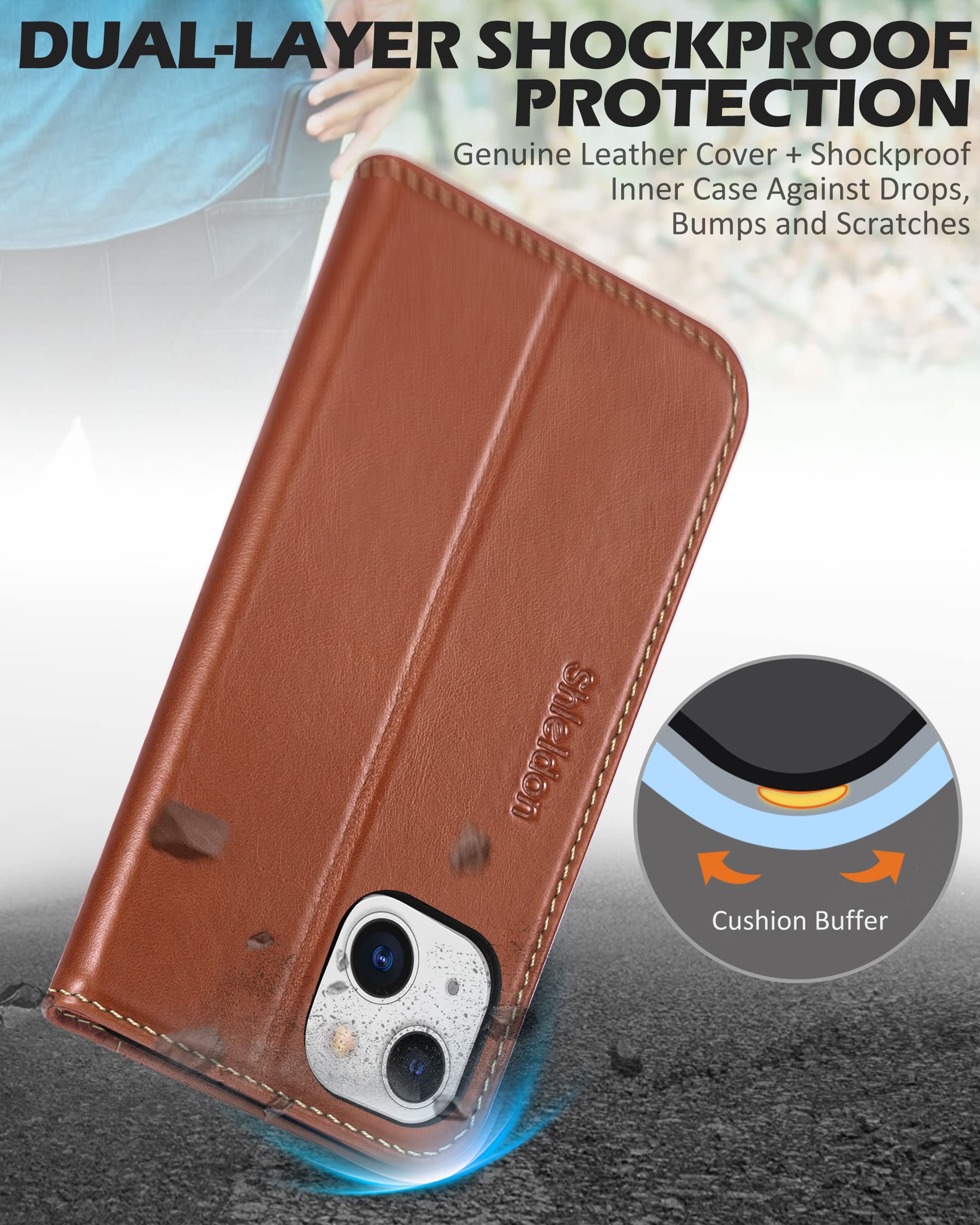 Foto 7 pulgar | Funda Tipo Cartera Shieldon Para Iphone 13 5g De Piel Auténtica, Color Marrón - Venta Internacional.