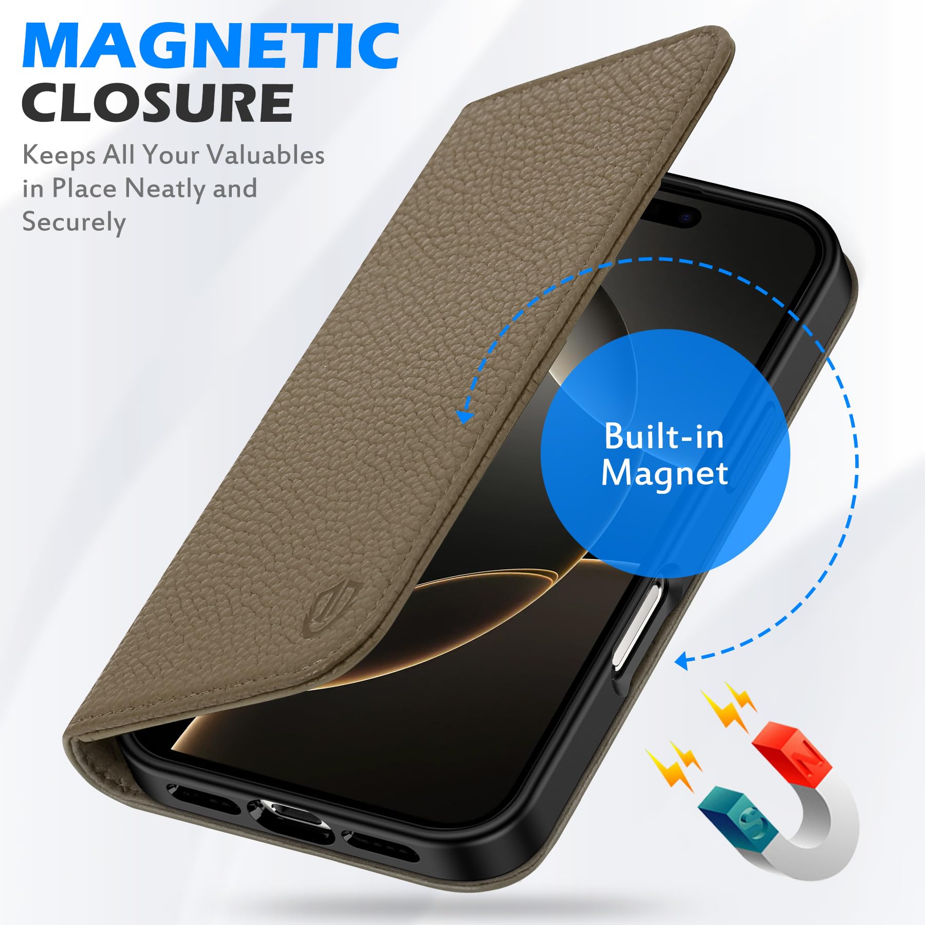 Foto 5 pulgar | Funda Tipo Cartera Shieldon Para Iphone 16 Pro Max 5g De Piel Caqui - Venta Internacional.