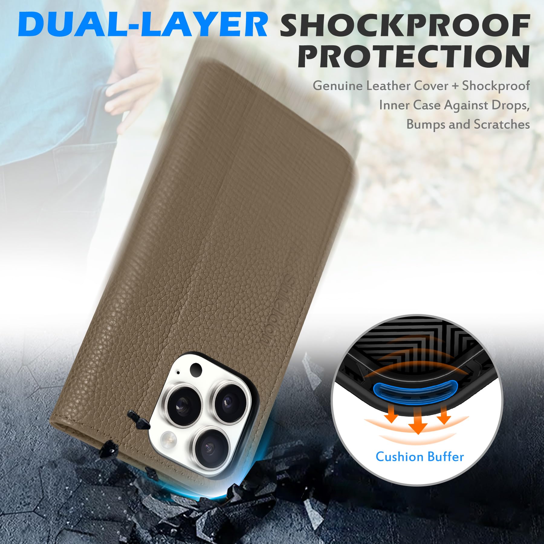 Foto 6 pulgar | Funda Tipo Cartera Shieldon Para Iphone 16 Pro Max 5g De Piel Caqui - Venta Internacional.