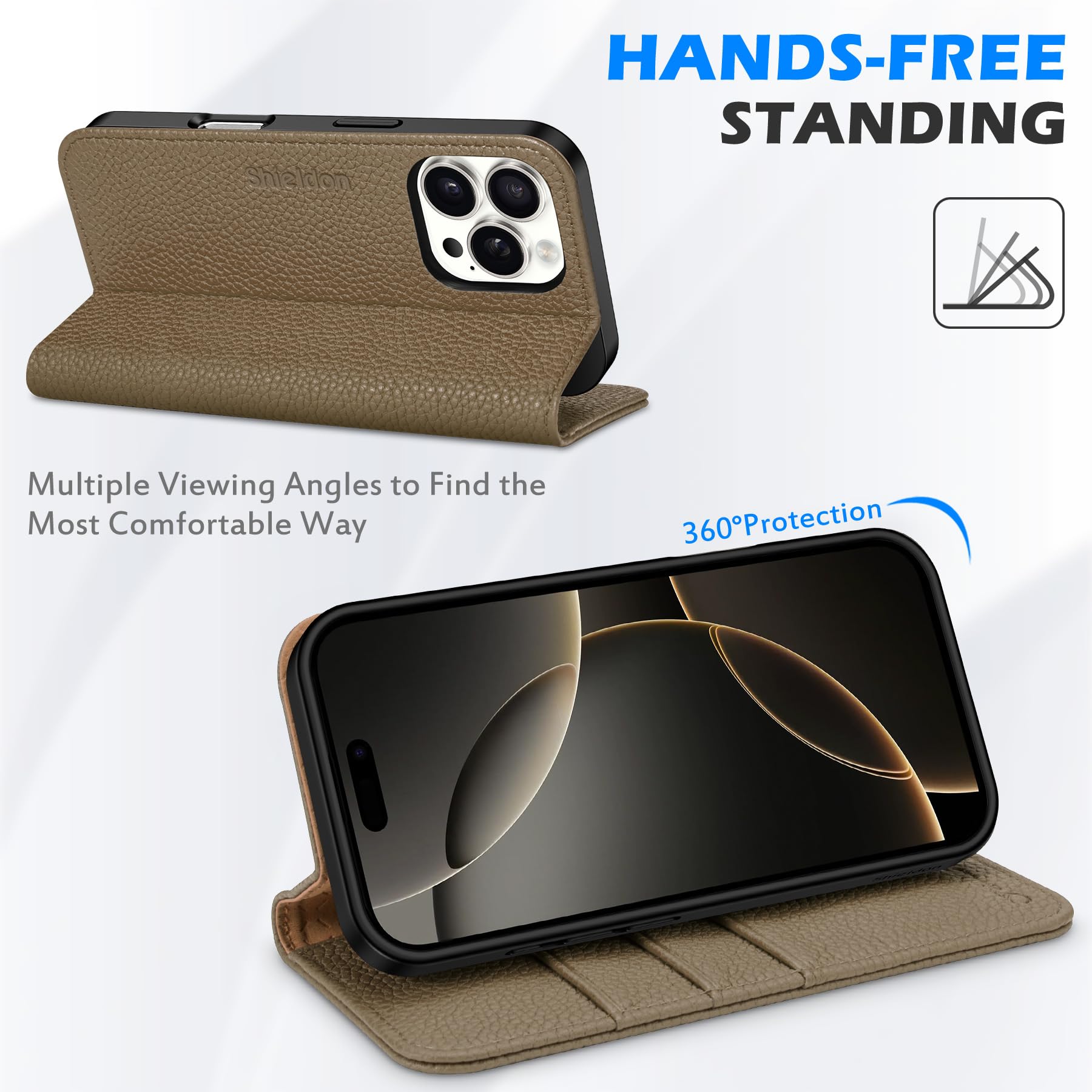Foto 7 pulgar | Funda Tipo Cartera Shieldon Para Iphone 16 Pro Max 5g De Piel Caqui - Venta Internacional.