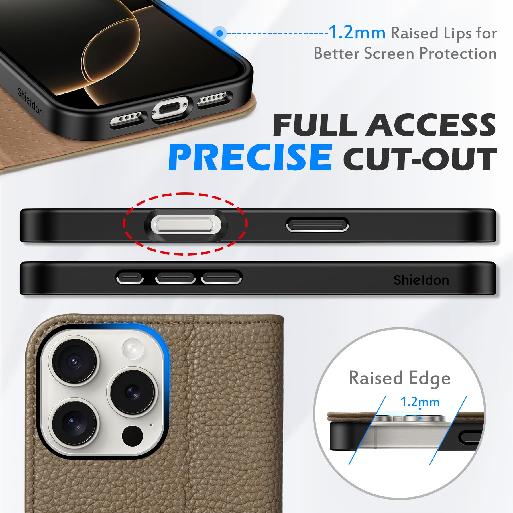 Foto 8 pulgar | Funda Tipo Cartera Shieldon Para Iphone 16 Pro Max 5g De Piel Caqui - Venta Internacional.
