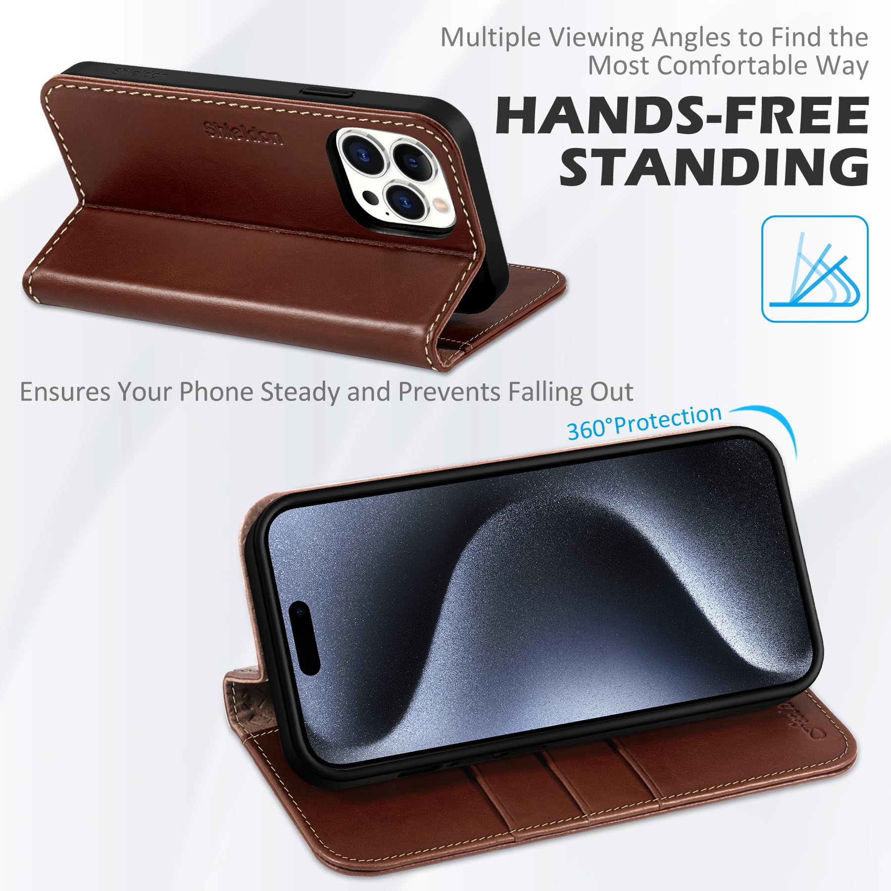 Foto 5 pulgar | Funda Tipo Cartera Shieldon Para Iphone 15 Pro 5g De Piel Auténtica - Venta Internacional.