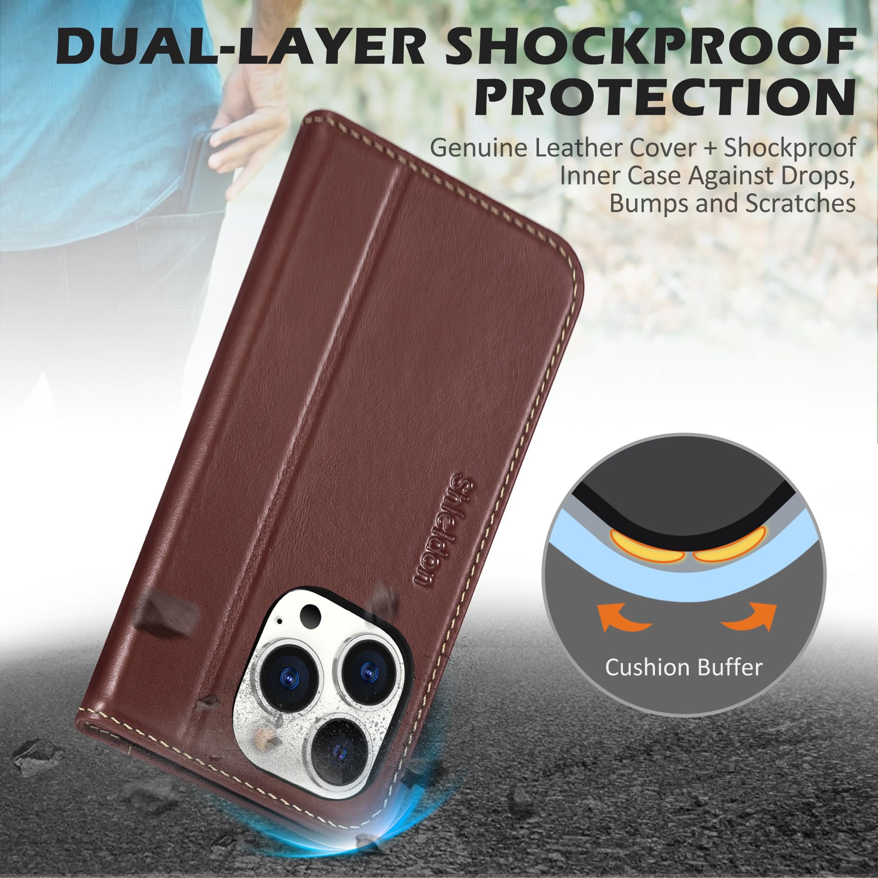 Foto 6 pulgar | Funda Tipo Cartera Shieldon Para Iphone 15 Pro 5g De Piel Auténtica - Venta Internacional.