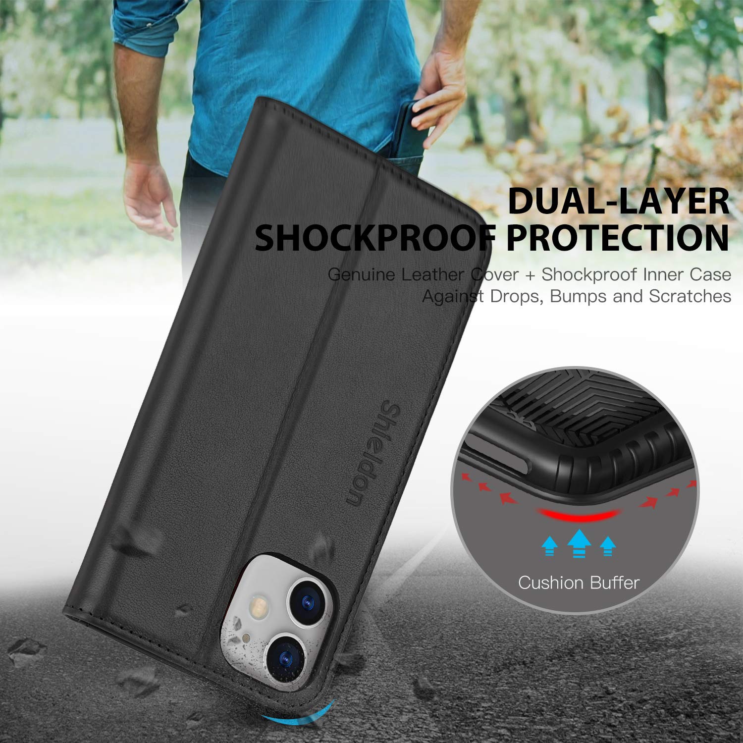 Foto 7 pulgar | Funda Tipo Cartera Shieldon Para Iphone 11 De Piel Auténtica, Color Negro - Venta Internacional.