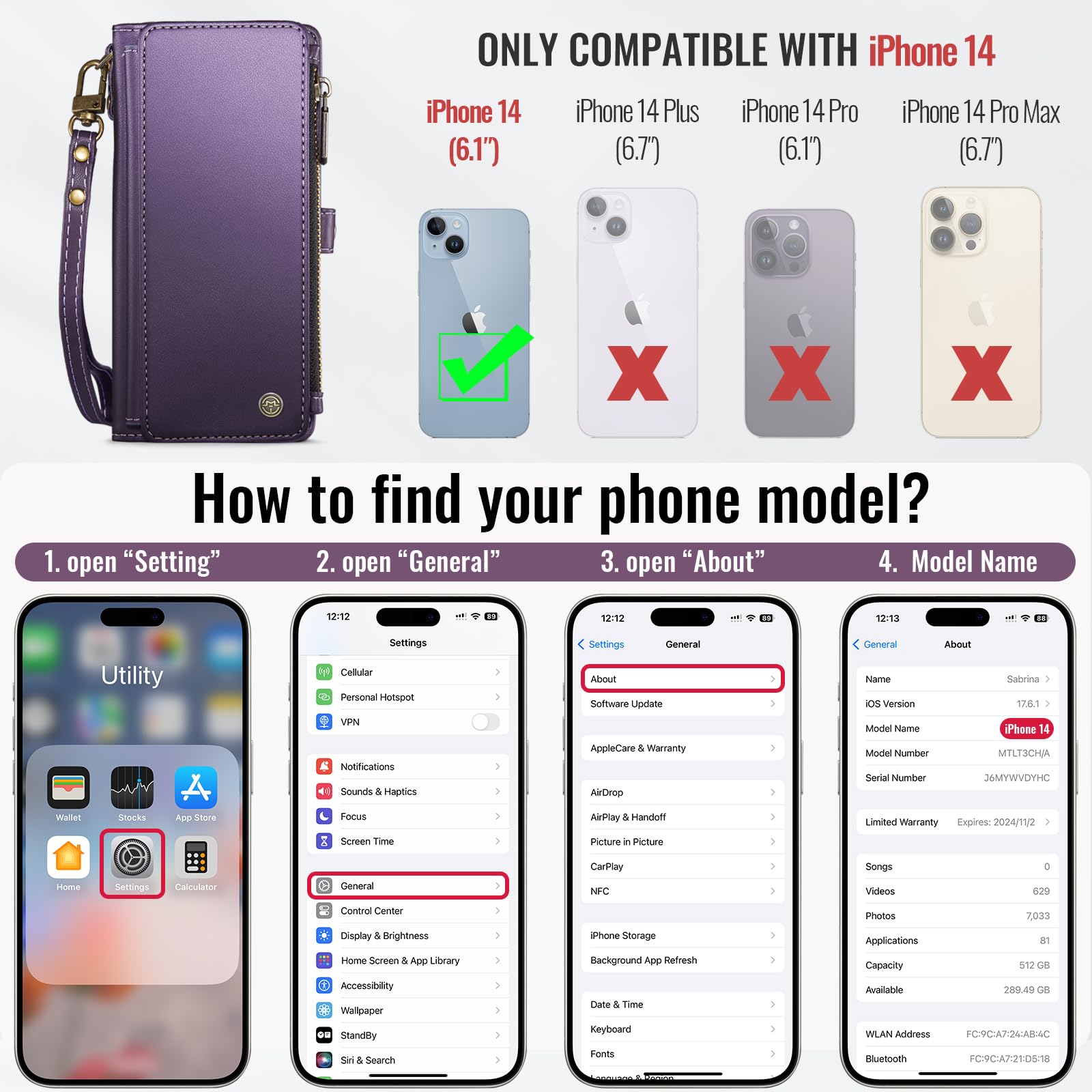 Foto 7 pulgar | Funda Para Teléfono Wallet Defense Compatible Con Iphone 14, Color Morado - Venta Internacional.