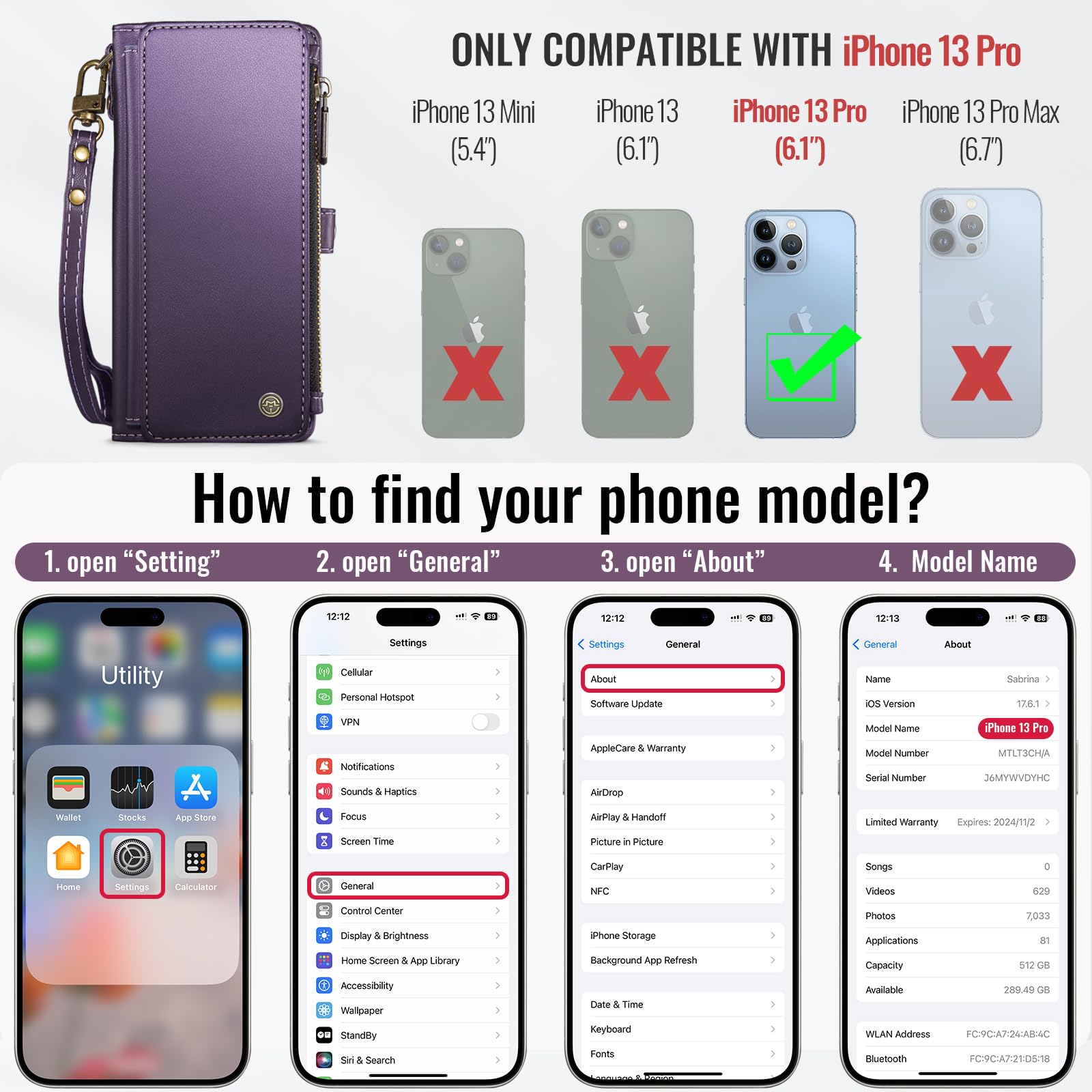 Foto 7 pulgar | Funda Wallet Defcase Compatible Con Iphone 13 Pro, Color Morado - Venta Internacional.
