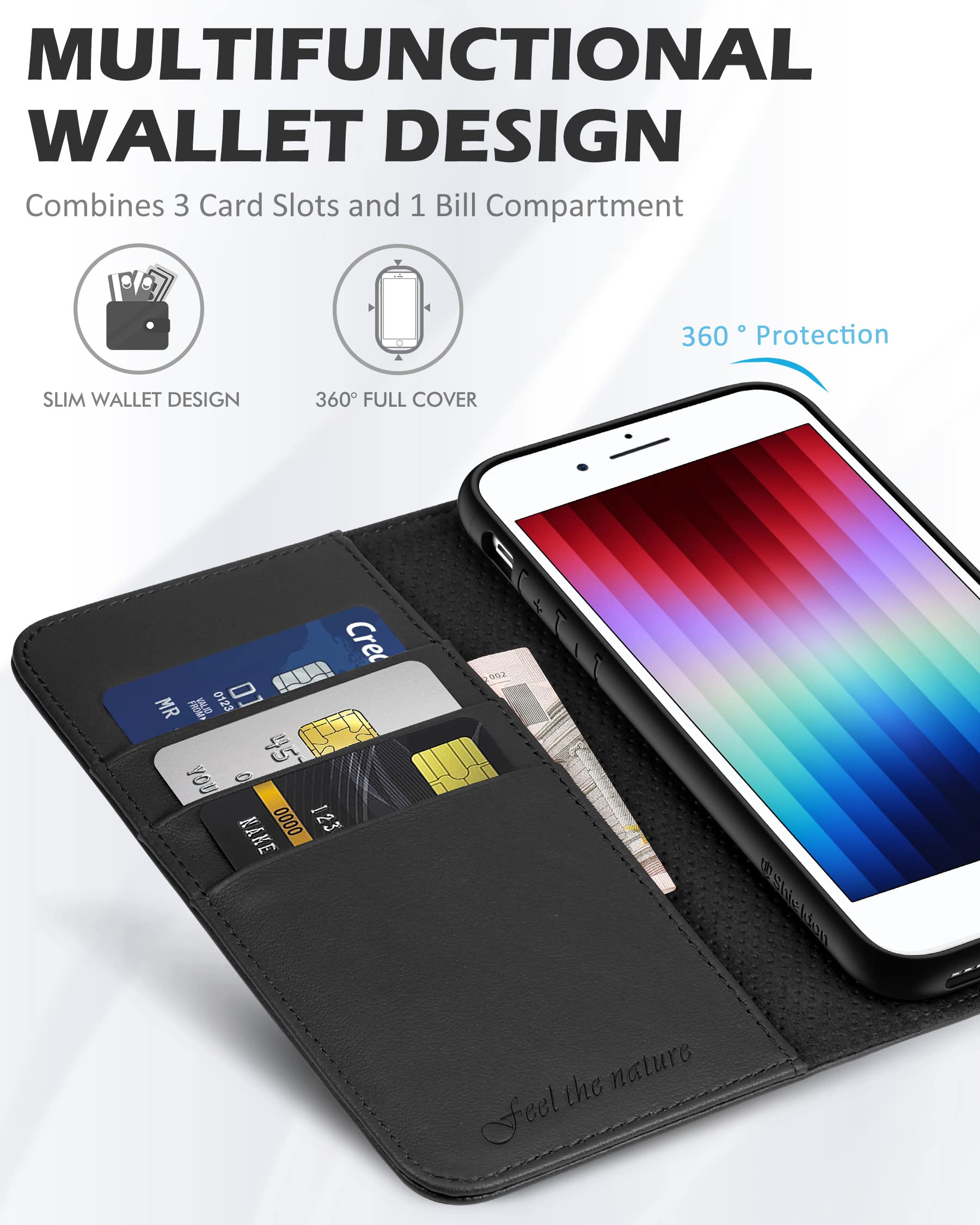 Foto 4 pulgar | Funda Shieldon De Piel Auténtica Con Tarjetero Para Iphone Se 2022/se 2020/8/7, Color Negro - Venta Internacional.