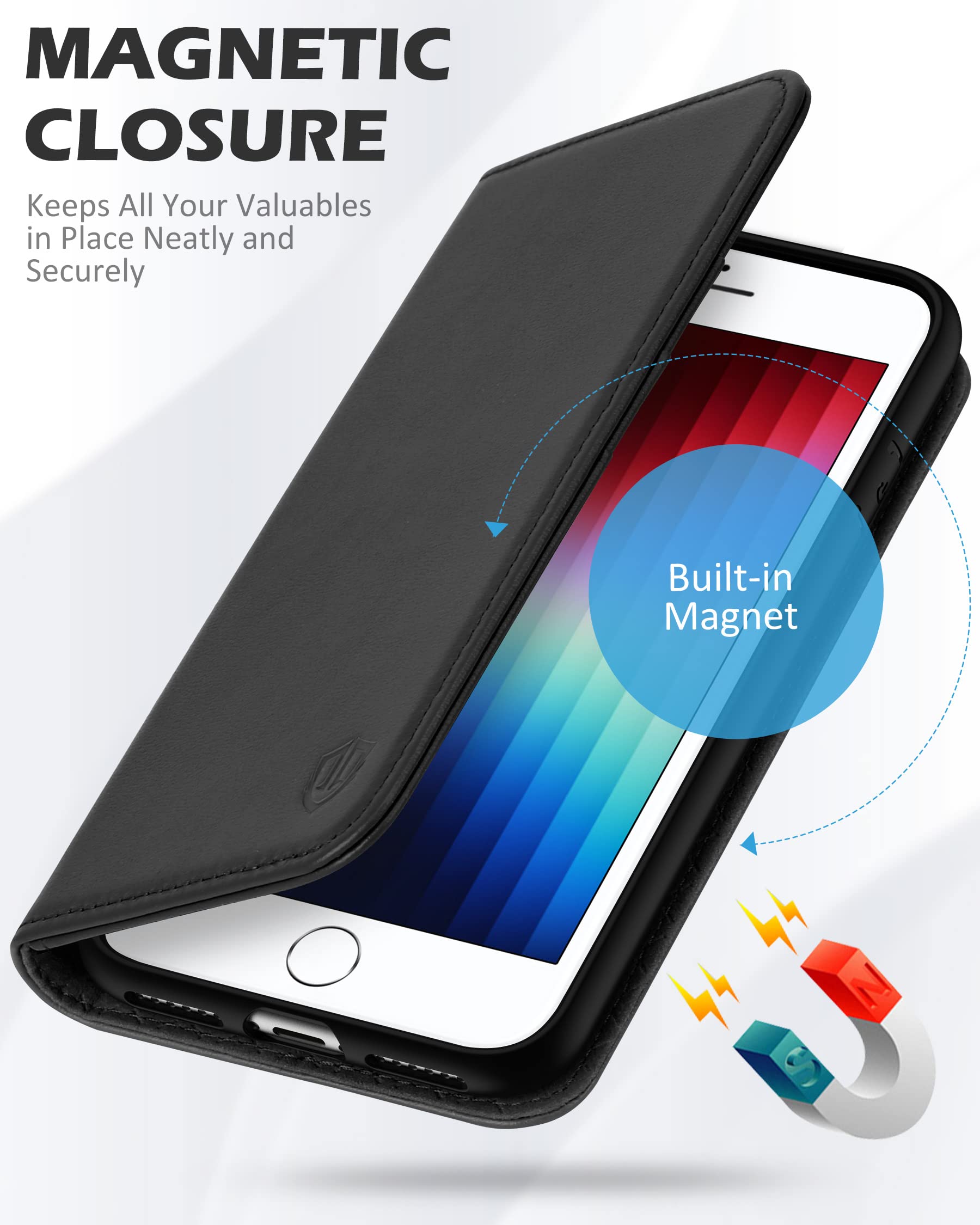 Foto 5 pulgar | Funda Shieldon De Piel Auténtica Con Tarjetero Para Iphone Se 2022/se 2020/8/7, Color Negro - Venta Internacional.