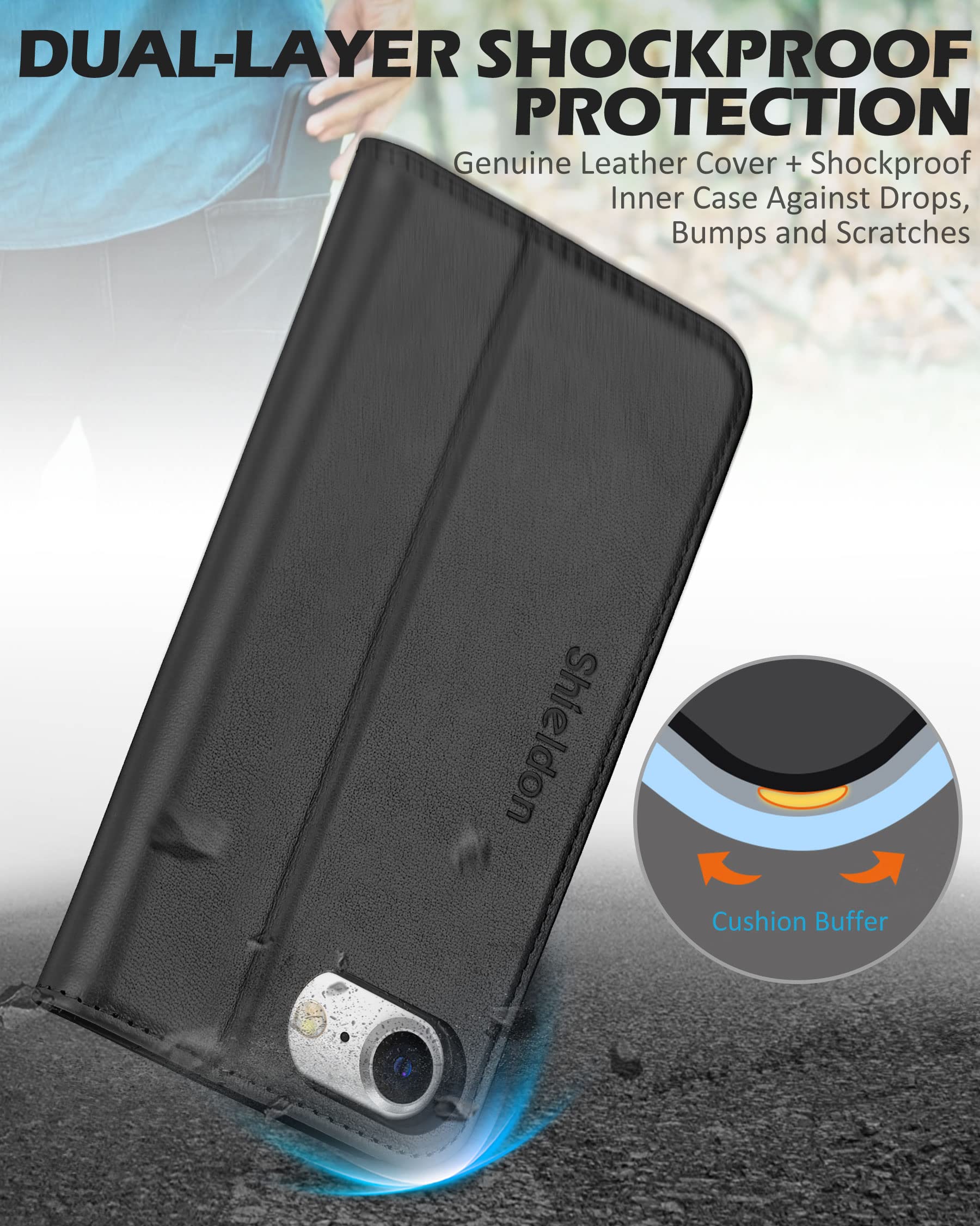 Foto 7 pulgar | Funda Shieldon De Piel Auténtica Con Tarjetero Para Iphone Se 2022/se 2020/8/7, Color Negro - Venta Internacional.