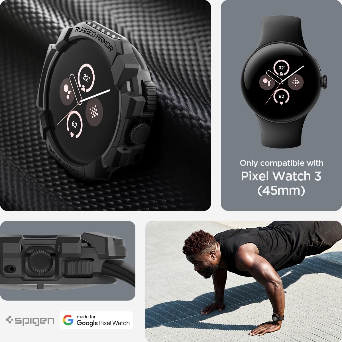 Foto 3 pulgar | Funda Spigen Rugged Armor Para Google Pixel Watch 3 De 45 Mm - Venta Internacional.