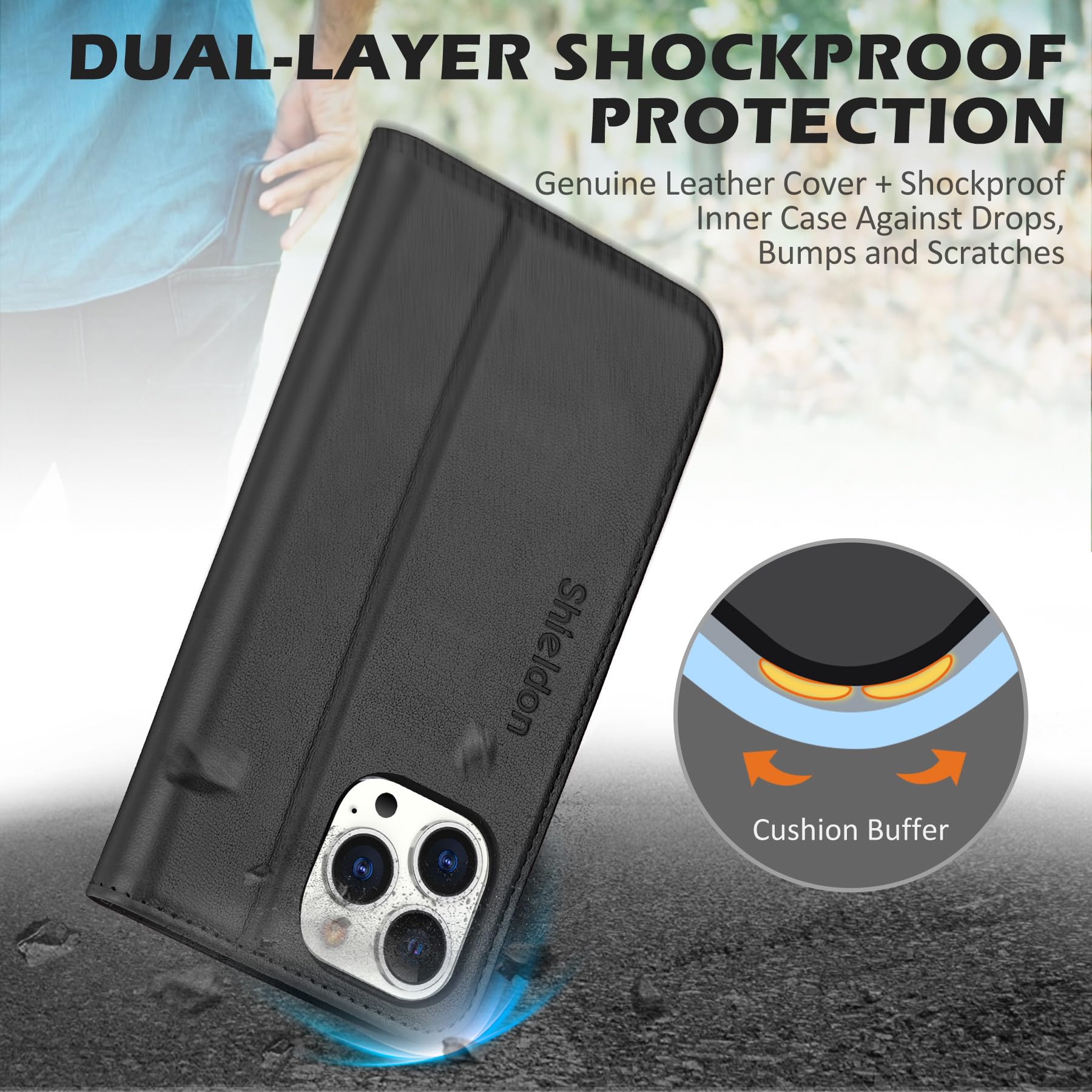 Foto 6 pulgar | Funda Shieldon Para Iphone 15 Pro Max De 6,7 Pulgadas De Piel Auténtica, Color Negro - Venta Internacional.