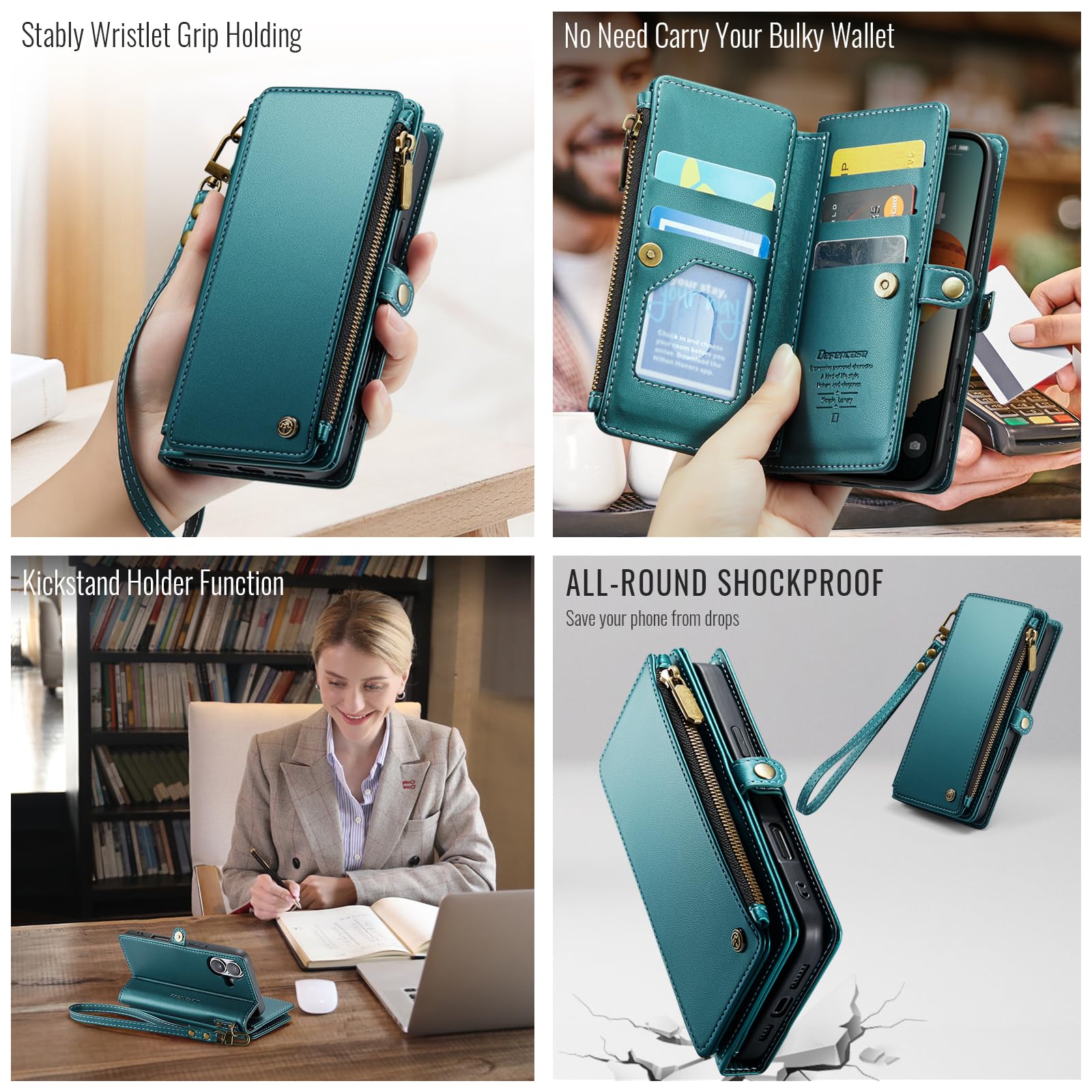 Foto 5 pulgar | Funda De Teléfono Wallet Defense Compatible Con Iphone 16, Azul Y Verde - Venta Internacional.