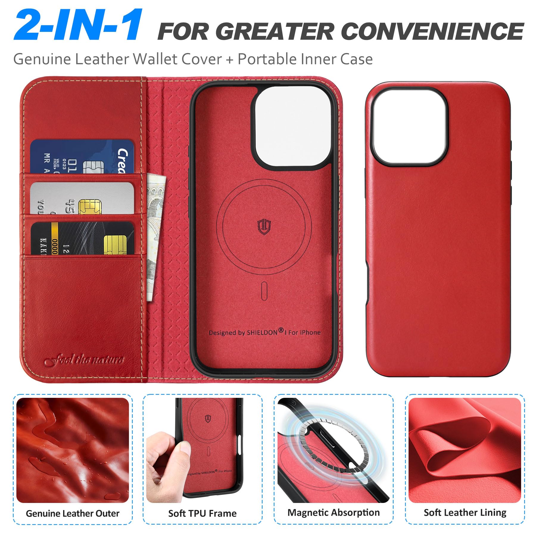 Foto 7 pulgar | Funda Shieldon Para Iphone 16 Pro 6.3 De Piel Auténtica Roja - Venta Internacional.