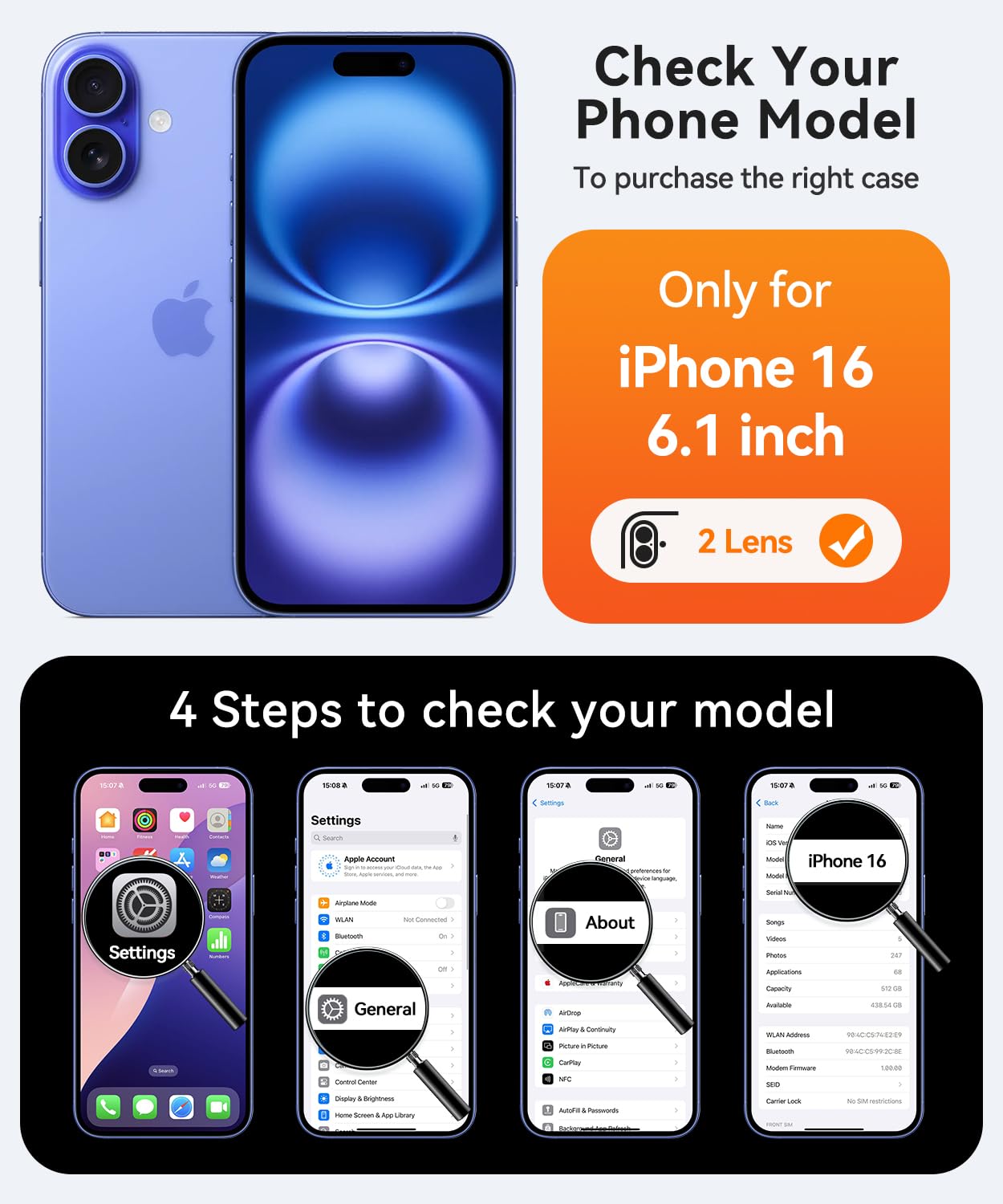 Foto 3 pulgar | Funda Magnética Canshn Para Iphone 16 A Prueba De Golpes, Color Azul Claro - Venta Internacional.