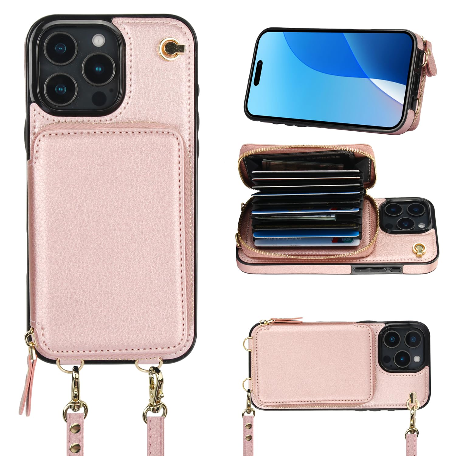 Foto 2 pulgar | Funda Tipo Cartera Tipo Bandolera Bocasal Para Iphone 16 Pro Max En Oro Rosa - Venta Internacional.