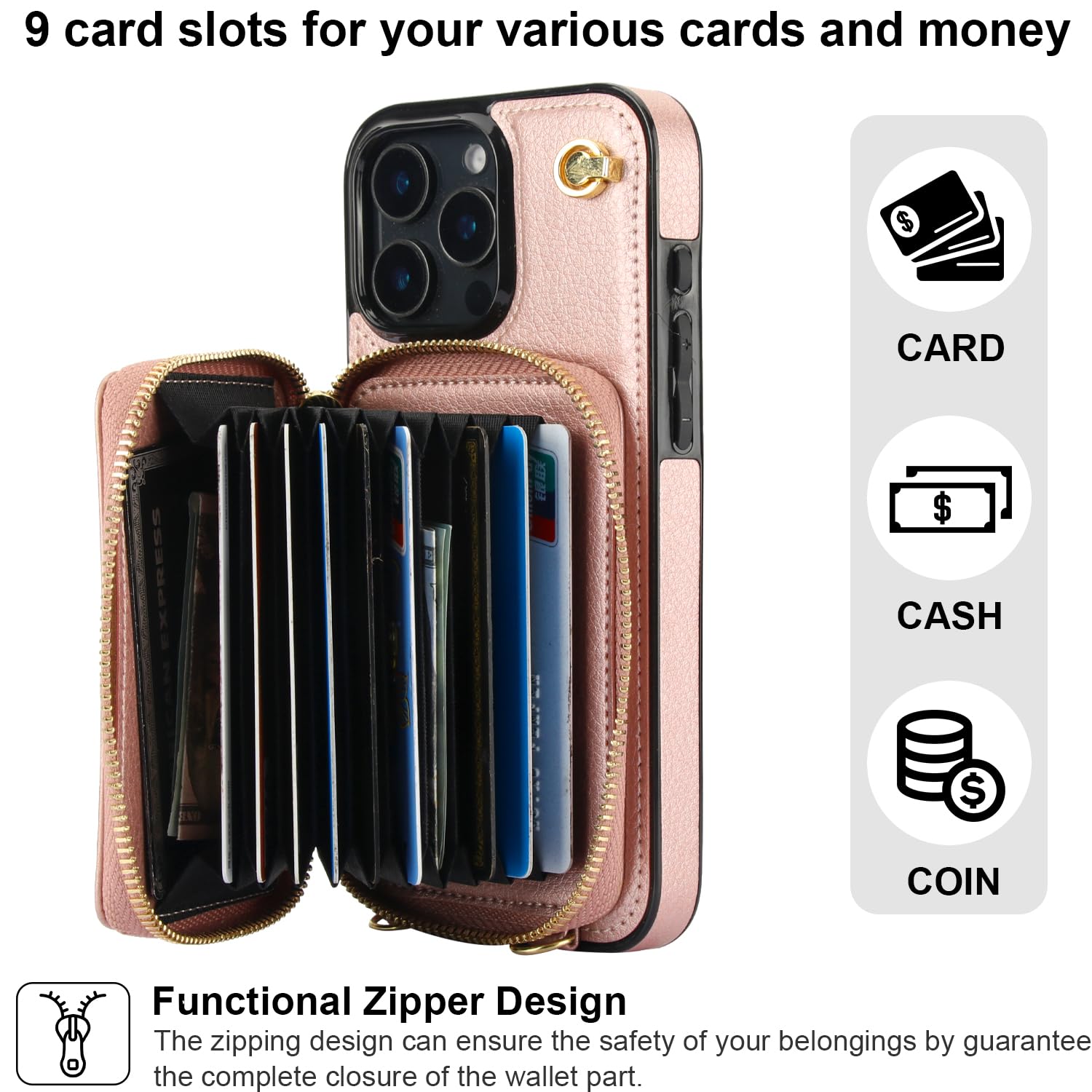 Foto 4 pulgar | Funda Tipo Cartera Tipo Bandolera Bocasal Para Iphone 16 Pro Max En Oro Rosa - Venta Internacional.