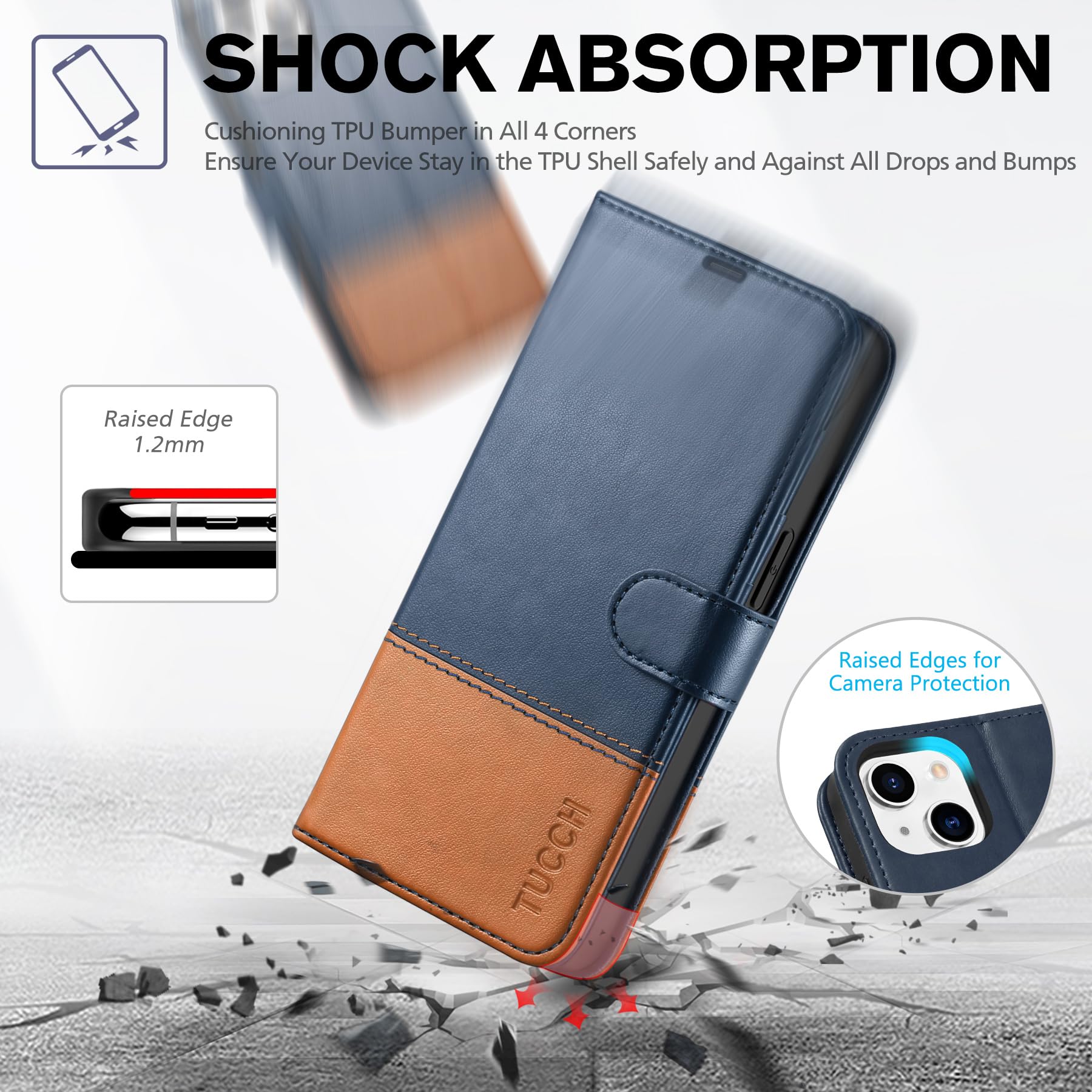 Foto 7 pulgar | Funda Tipo Cartera Tucch Para Iphone 14 De 6.1 Pulgadas Con Bloqueo Rfid, Azul Y Marrón - Venta Internacional.