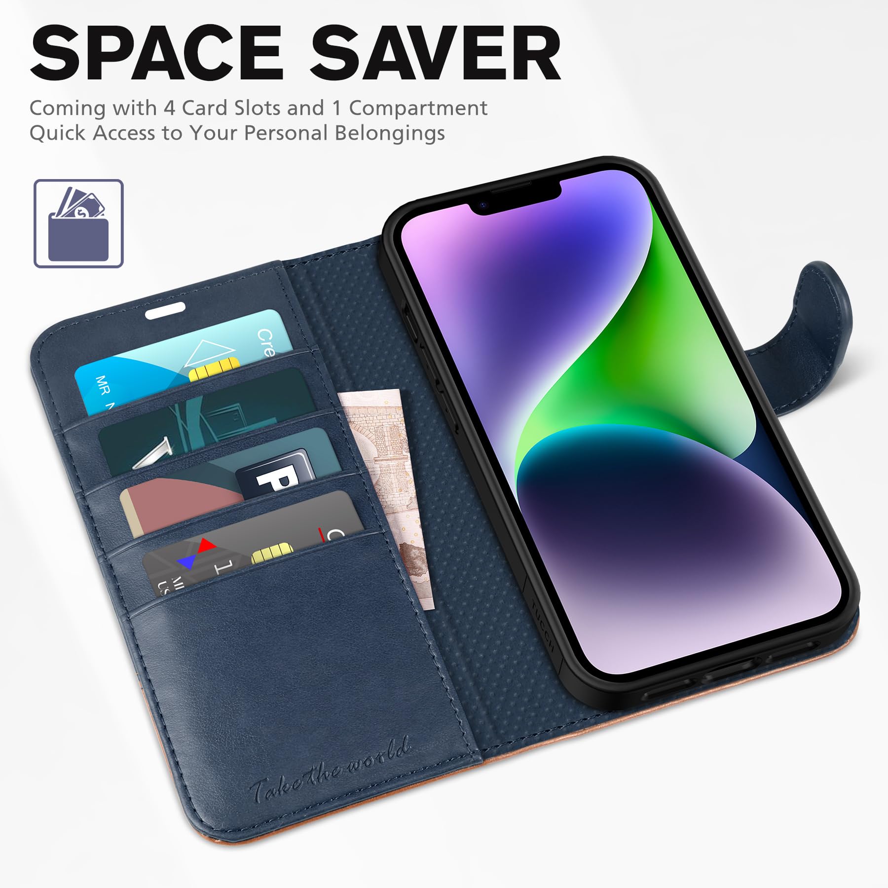 Foto 7 | Funda Tipo Cartera Tucch Para Iphone 14 De 6.1 Pulgadas Con Bloqueo Rfid, Azul Y Marrón - Venta Internacional.