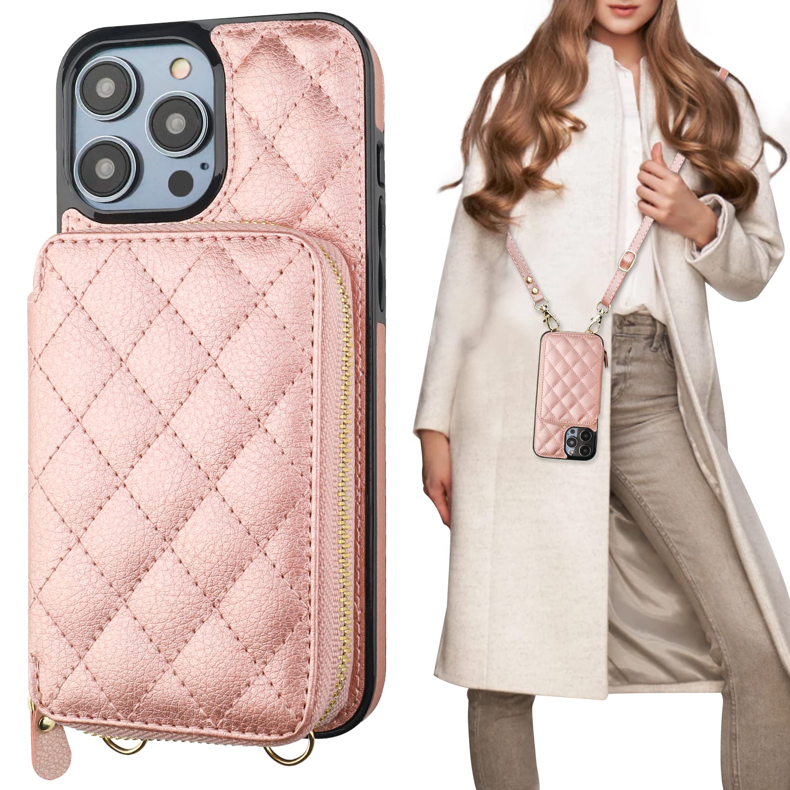 Funda Tipo Cartera Tipo Bandolera Bocasal Para Iphone 14 Pro Max En Oro Rosa - Venta Internacional.