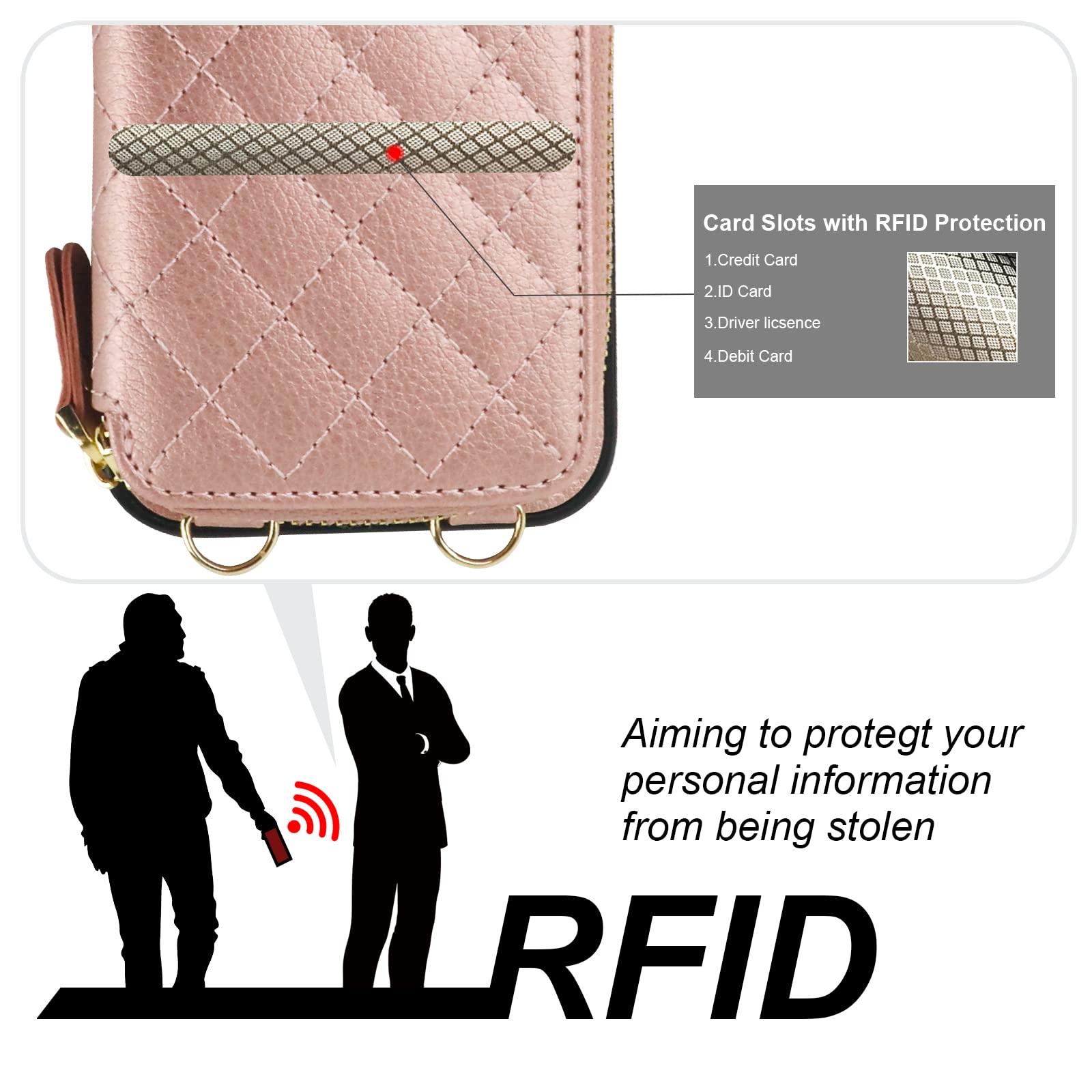Foto 4 pulgar | Funda Tipo Cartera Tipo Bandolera Bocasal Para Iphone 14 Pro Max En Oro Rosa - Venta Internacional.