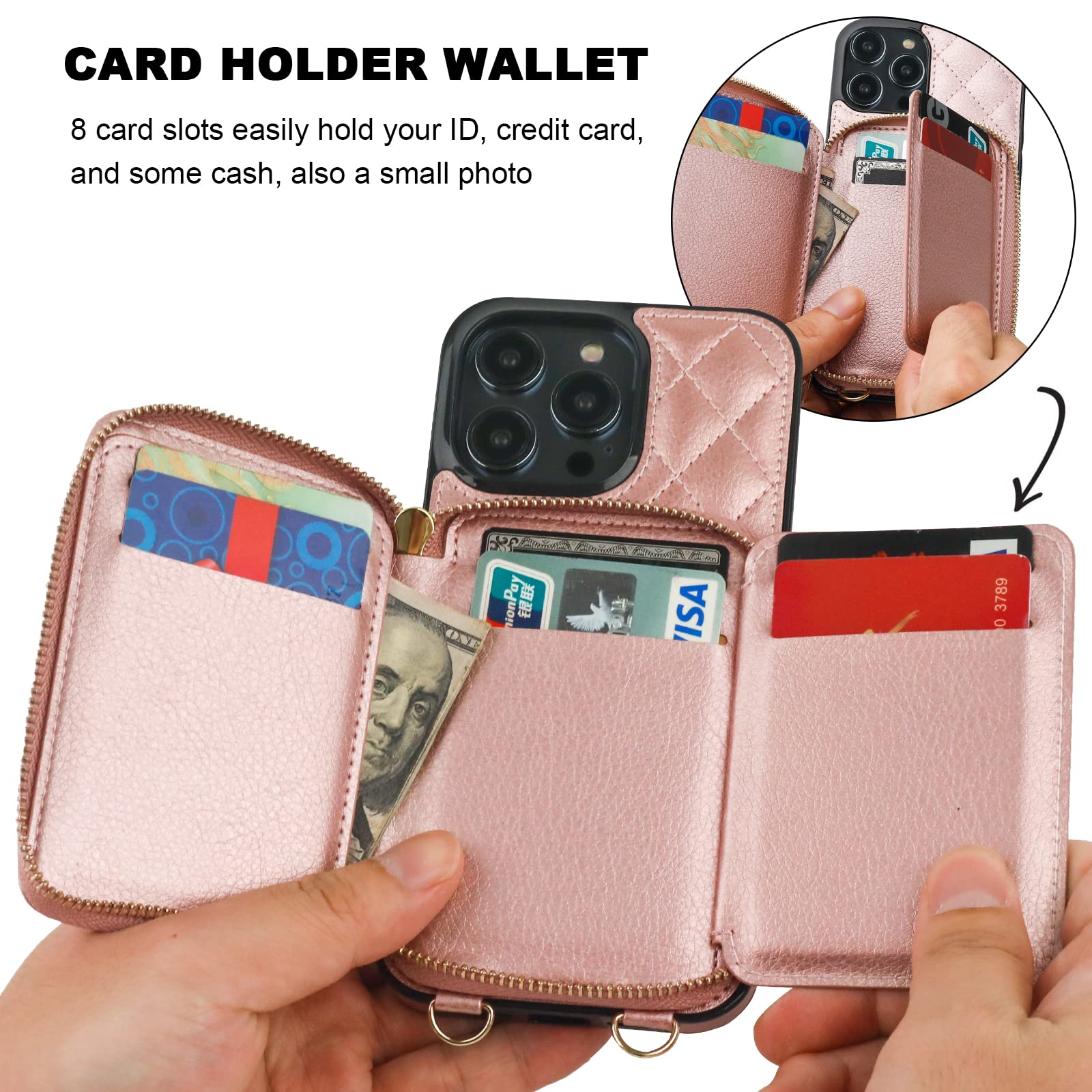 Foto 5 pulgar | Funda Tipo Cartera Tipo Bandolera Bocasal Para Iphone 14 Pro Max En Oro Rosa - Venta Internacional.