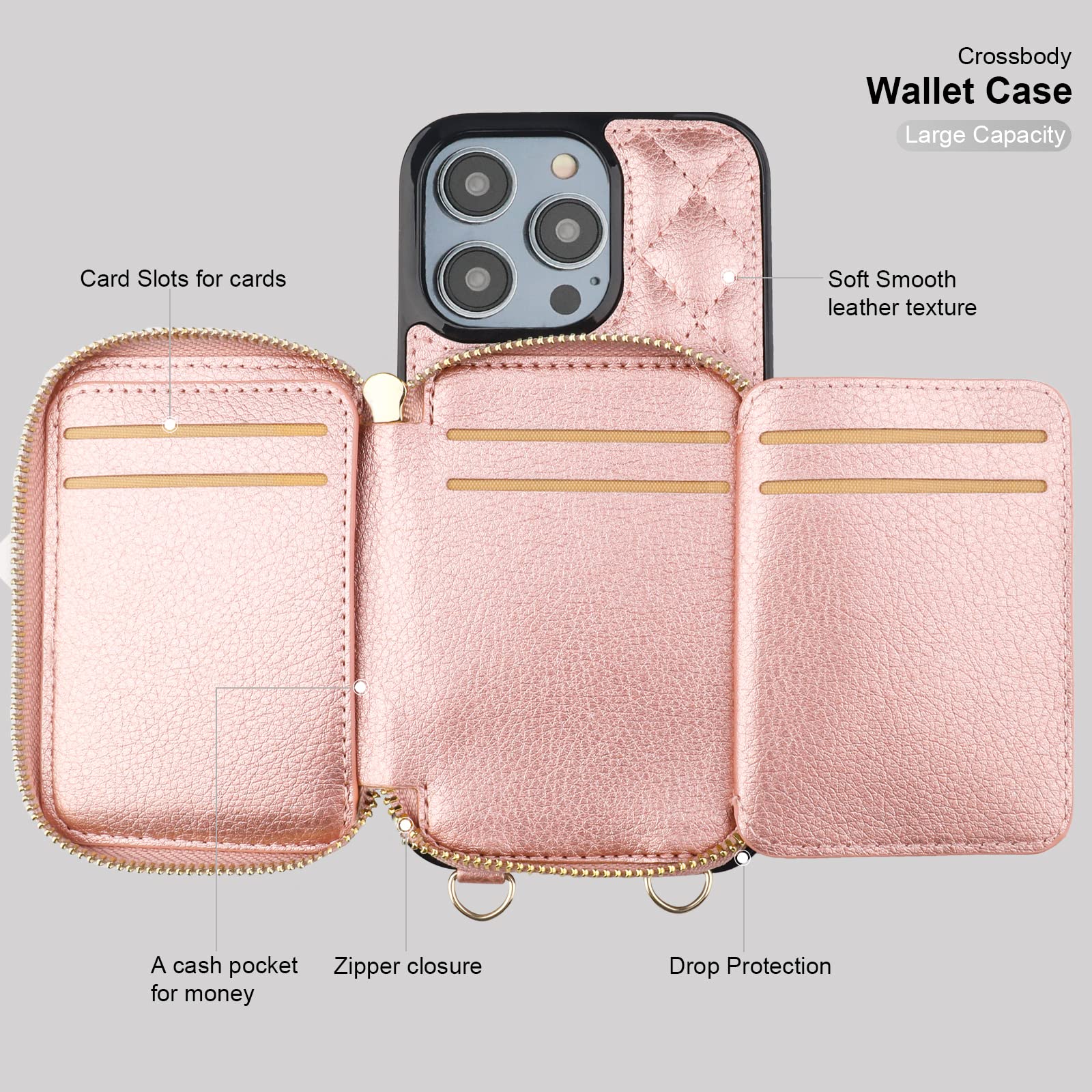 Foto 8 pulgar | Funda Tipo Cartera Tipo Bandolera Bocasal Para Iphone 14 Pro Max En Oro Rosa - Venta Internacional.