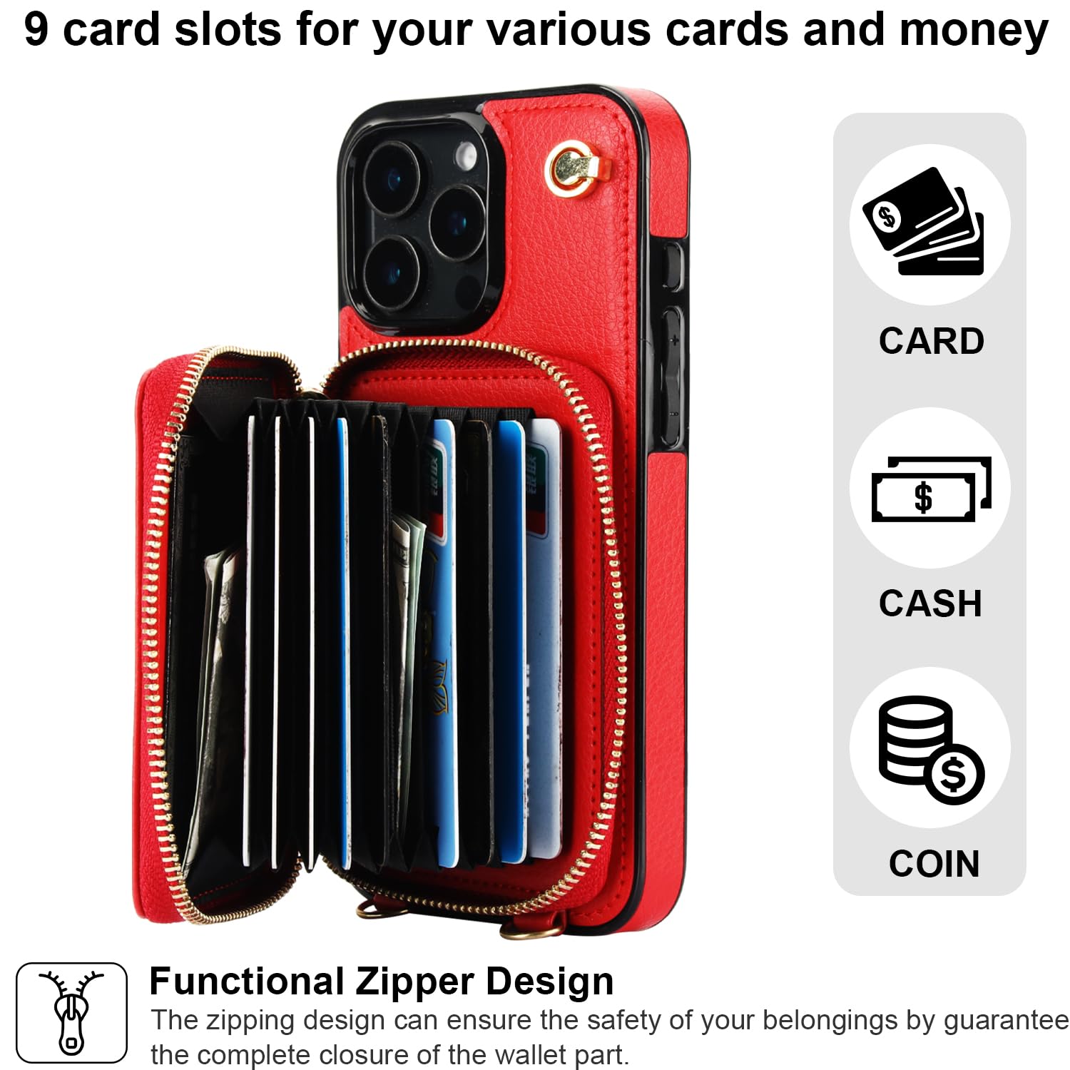 Foto 4 pulgar | Funda Tipo Cartera Tipo Bandolera Bocasal Para Iphone 16 Pro Max, Color Rojo - Venta Internacional.
