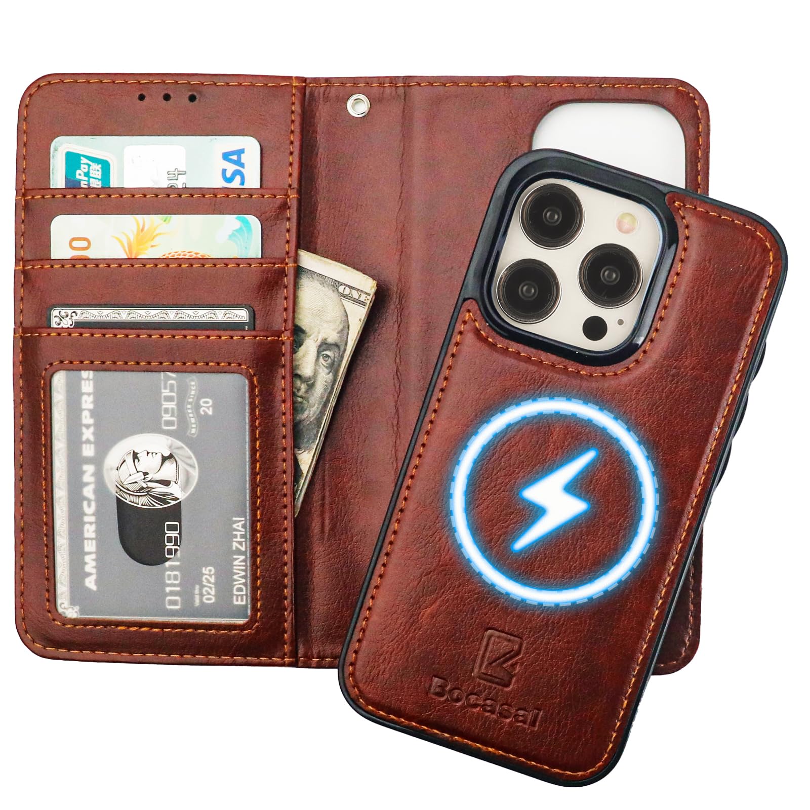 Funda Tipo Cartera Bocasal Para Iphone 15 Pro Con Magsafe De Piel Marrón - Venta Internacional.