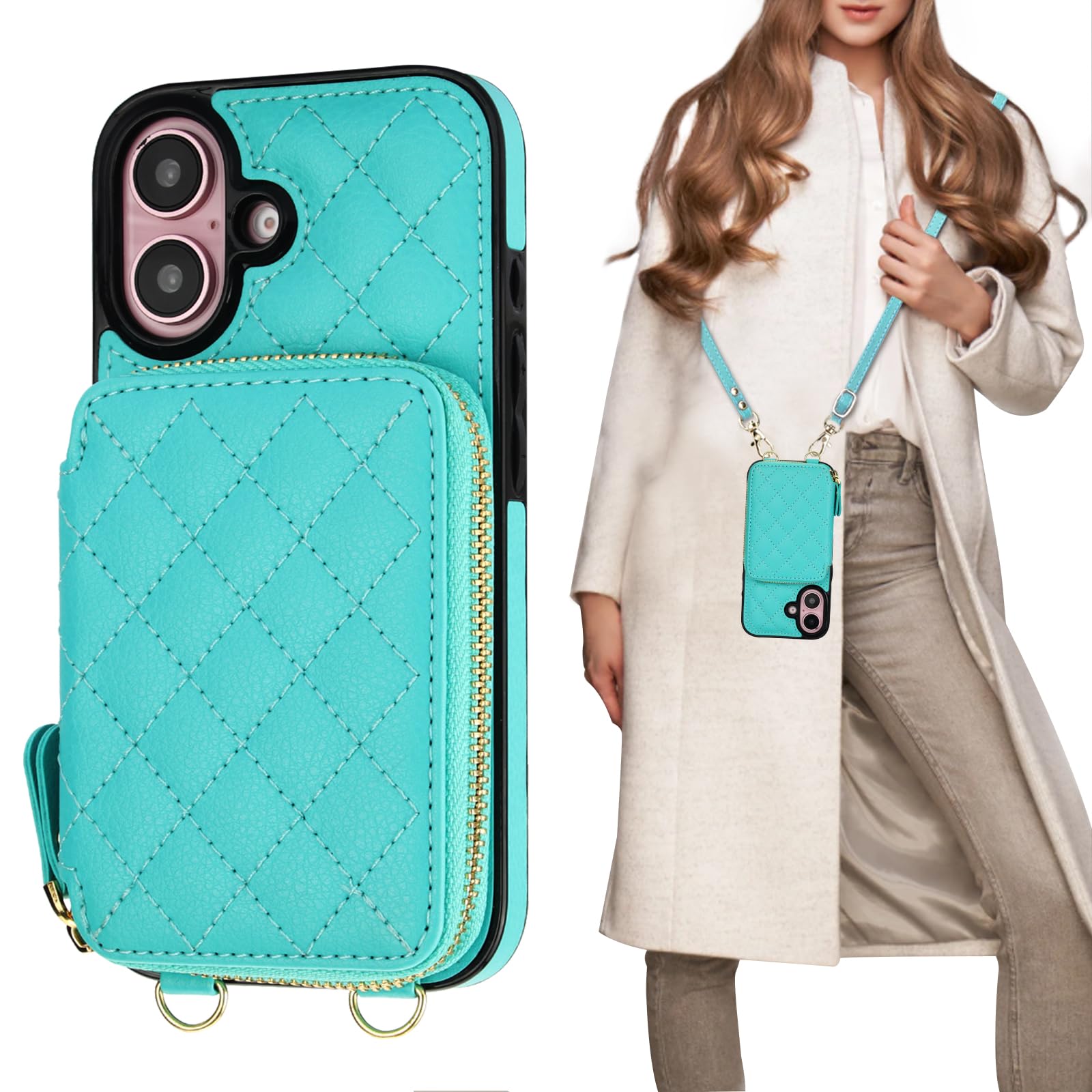 Funda Tipo Cartera Tipo Bandolera Bocasal Para Iphone 16 De 6.1 Pulgadas, Color Verde Menta - Venta Internacional.