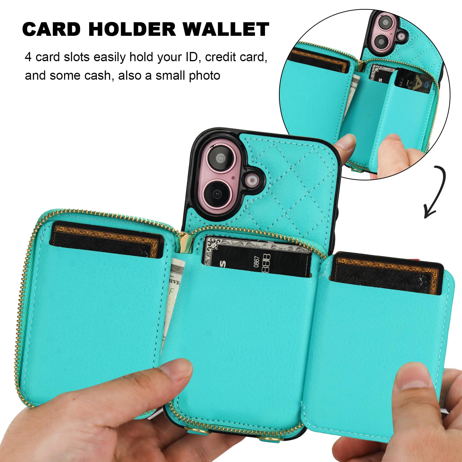 Foto 5 pulgar | Funda Tipo Cartera Tipo Bandolera Bocasal Para Iphone 16 De 6.1 Pulgadas, Color Verde Menta - Venta Internacional.