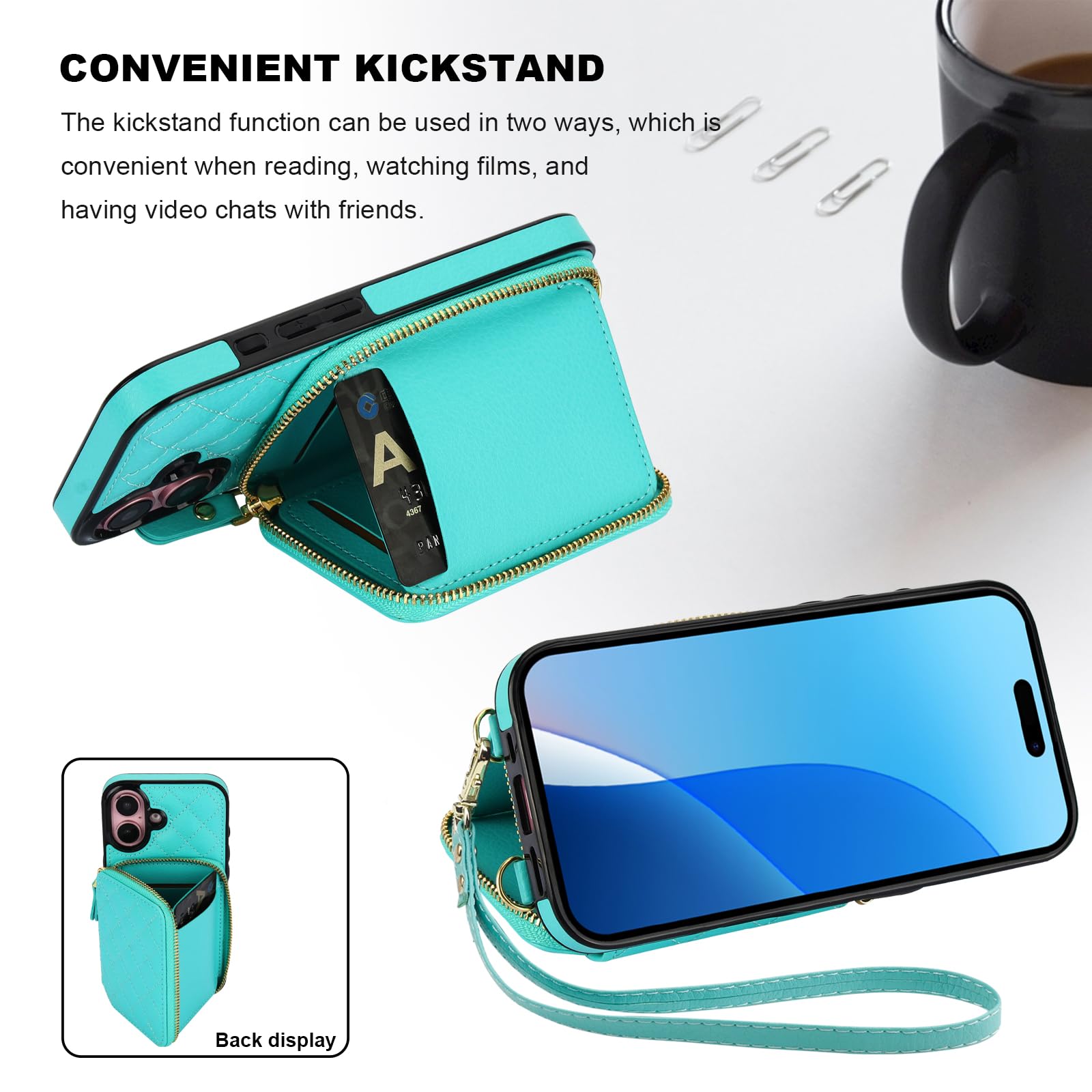 Foto 6 | Funda Tipo Cartera Tipo Bandolera Bocasal Para Iphone 16 De 6.1 Pulgadas, Color Verde Menta - Venta Internacional.