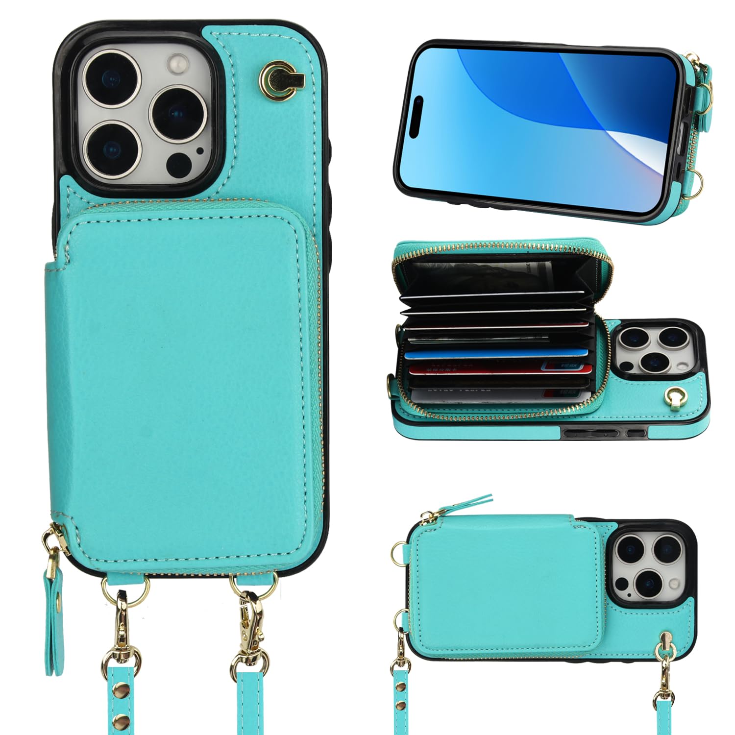 Funda Tipo Cartera Tipo Bandolera Bocasal Para Iphone 16 Pro, Color Verde Menta - Venta Internacional.