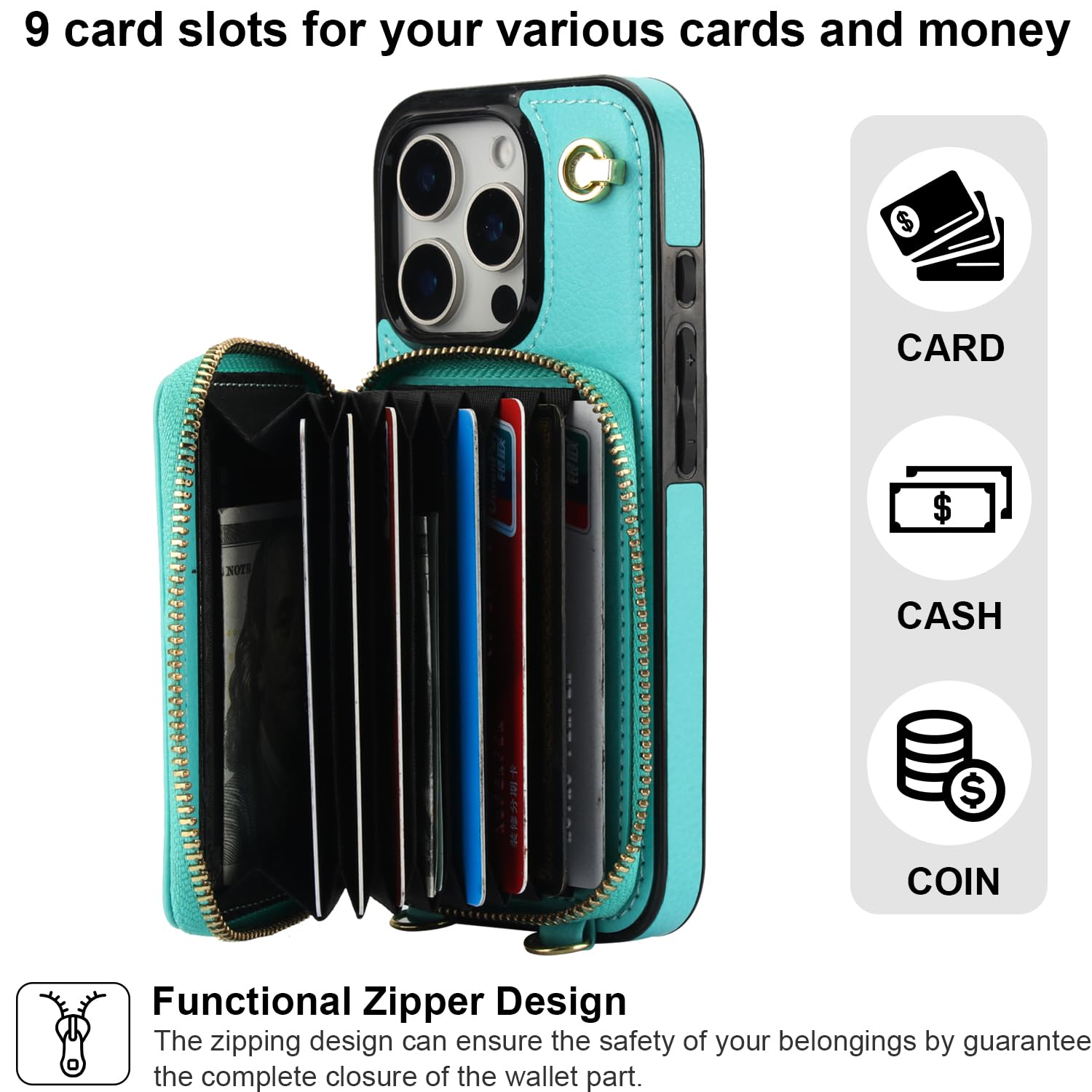 Foto 4 pulgar | Funda Tipo Cartera Tipo Bandolera Bocasal Para Iphone 16 Pro, Color Verde Menta - Venta Internacional.
