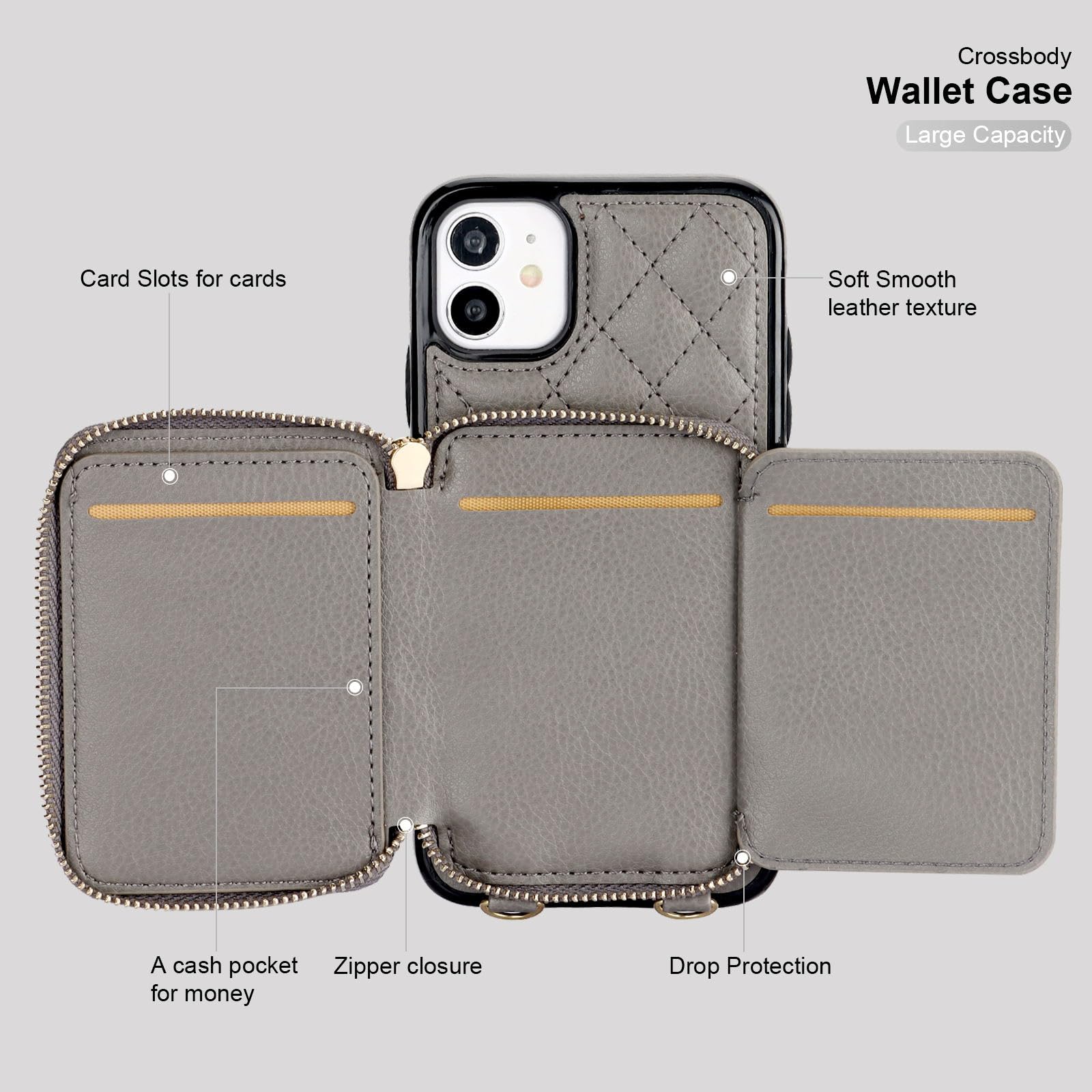 Foto 8 pulgar | Funda Tipo Cartera Tipo Bandolera Bocasal Para Iphone 11 De 6,1 Pulgadas Con Rfid, Color Gris - Venta Internacional.