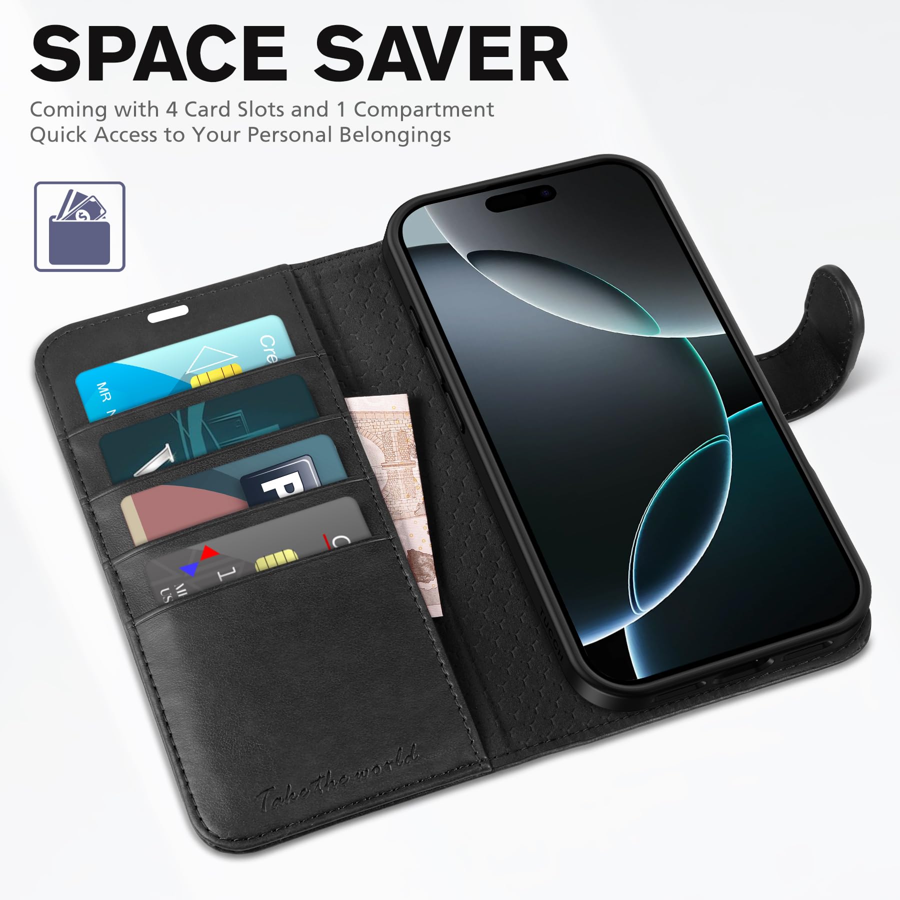 Foto 8 pulgar | Funda Tipo Cartera Tucch Para Iphone 16 Pro De 6,3 Pulgadas Con 4 Tarjeteros, Color Negro - Venta Internacional.