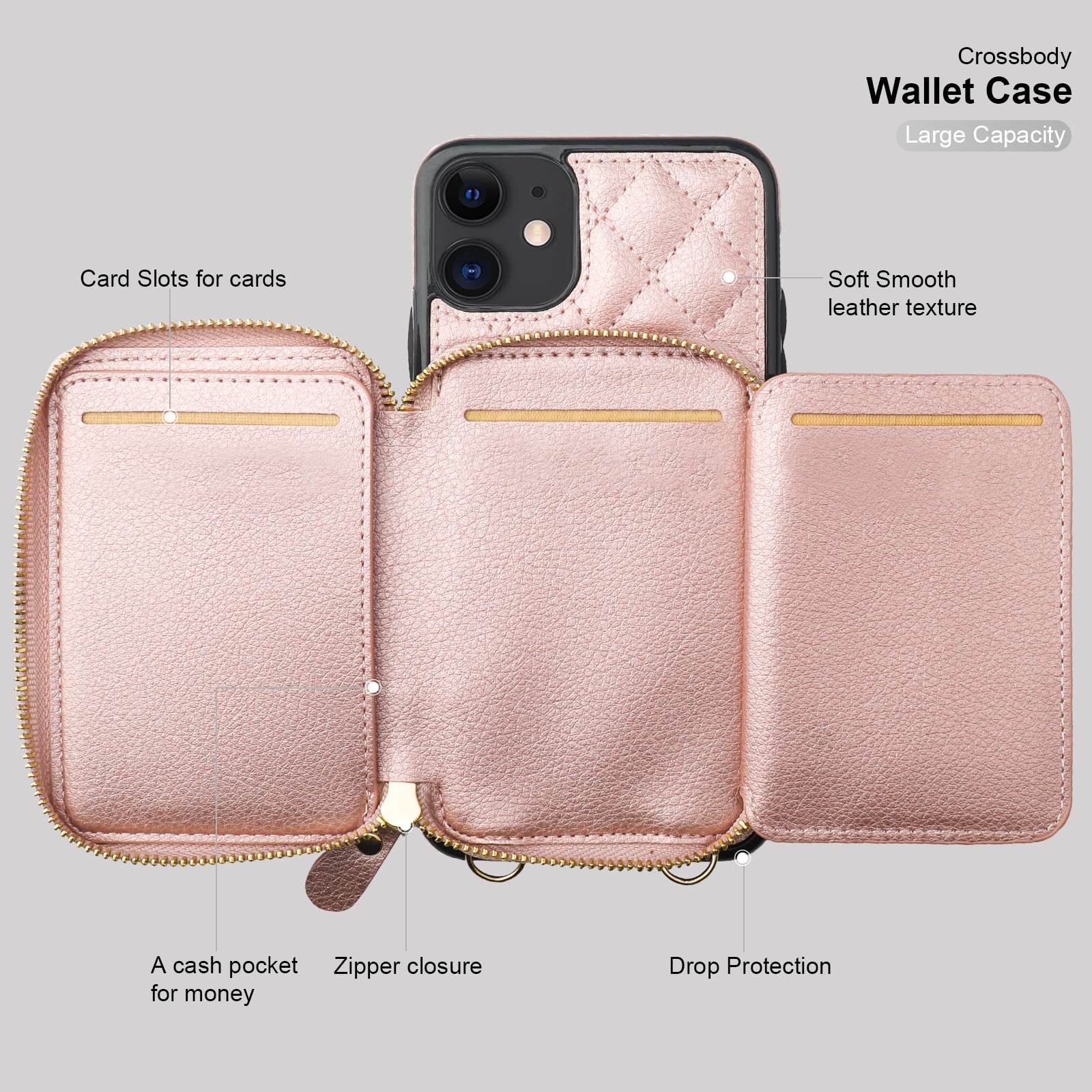 Foto 8 pulgar | Funda Tipo Cartera Tipo Bandolera Bocasal Para Iphone 11 De 6.1 Pulgadas, Color Oro Rosa - Venta Internacional.